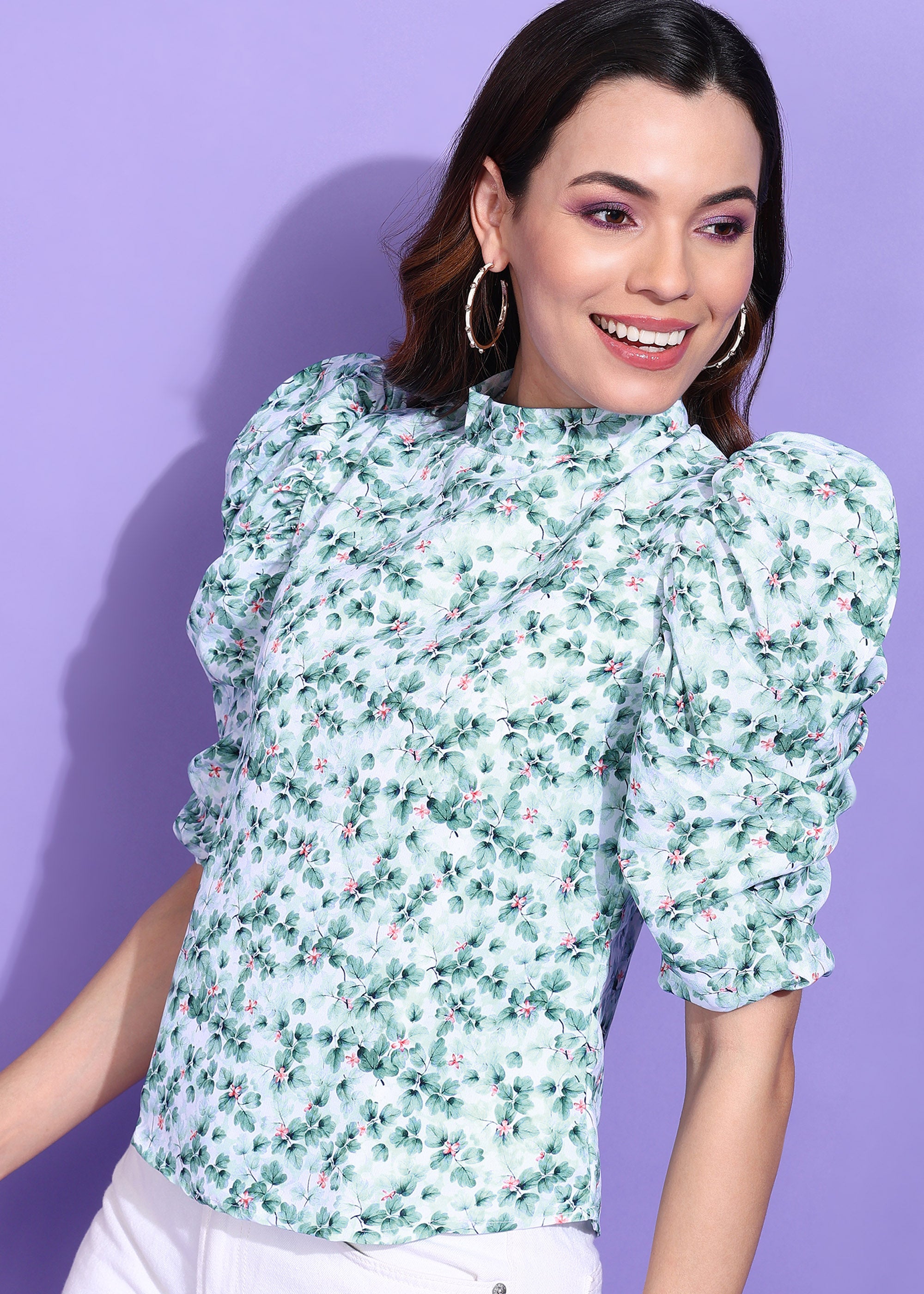 White and Light Blue Crepe Floral Top with Puff Sleeves