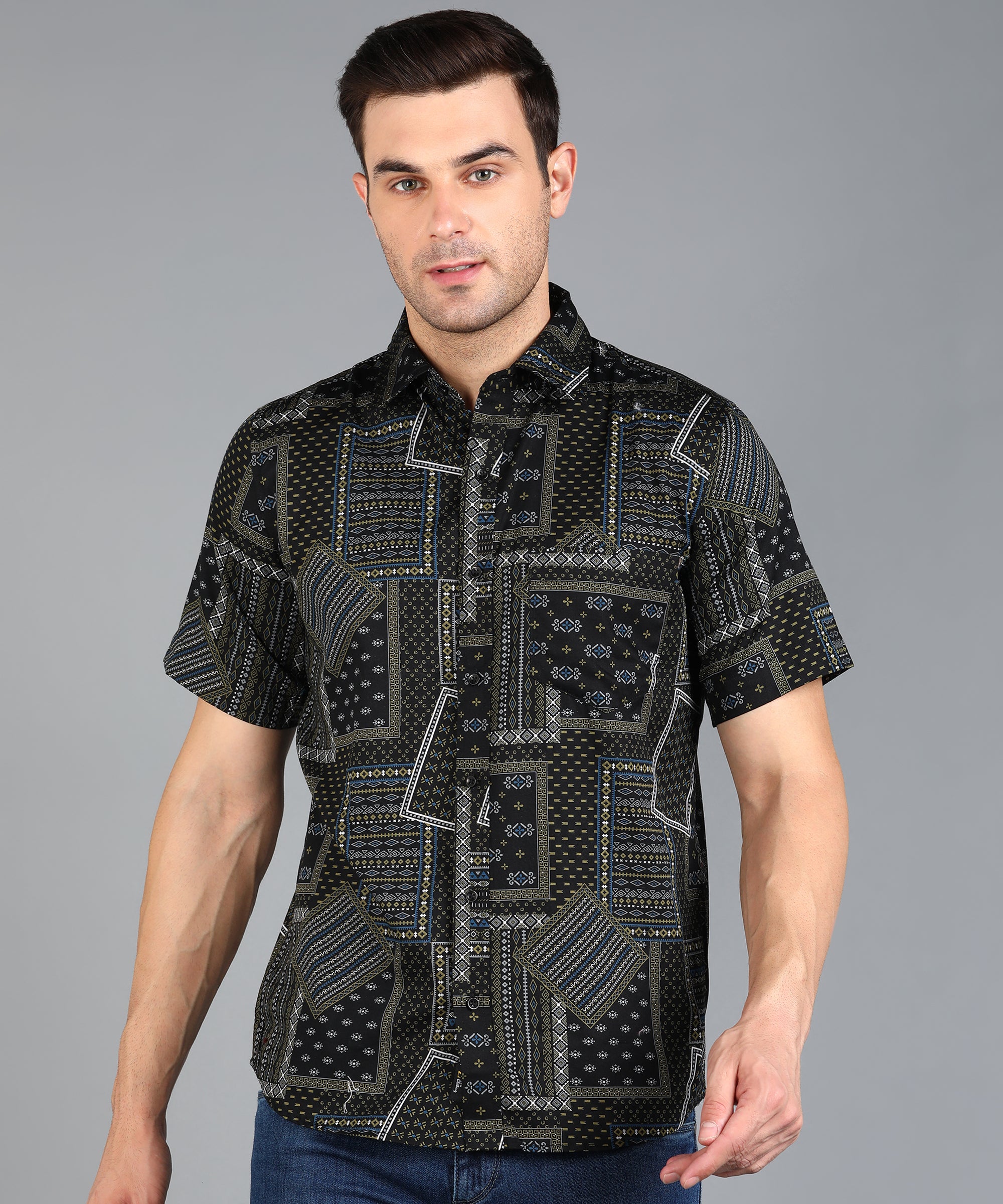 Black Indian Prints Half Slim Fit Shirt