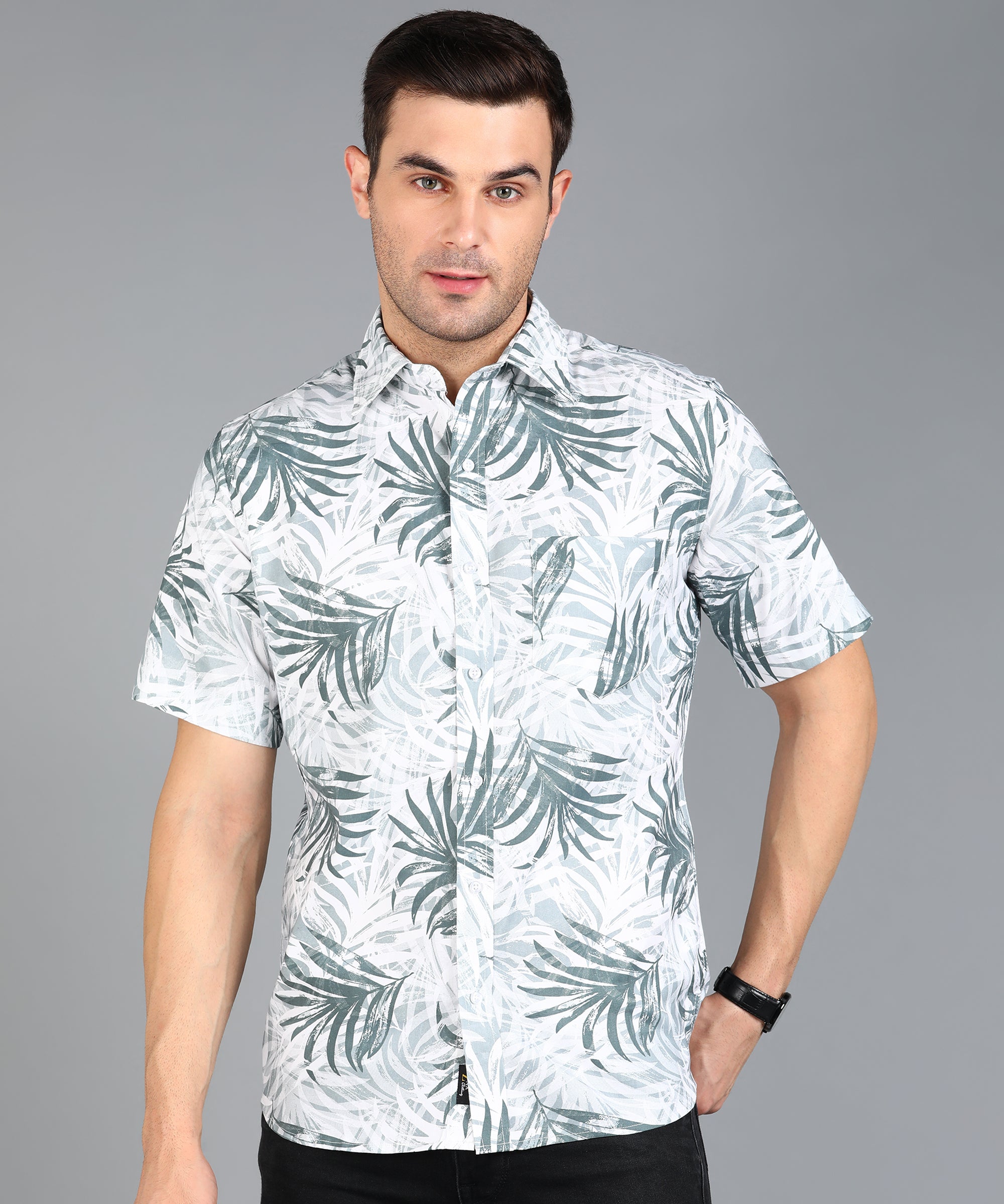 Grey Leaf Printed Half Slim Fit Shirt