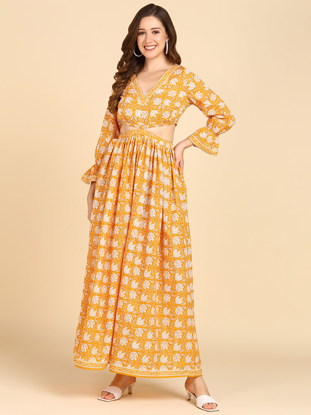 Yellow Floral Waist Cut-Out Maxi Dress Dress