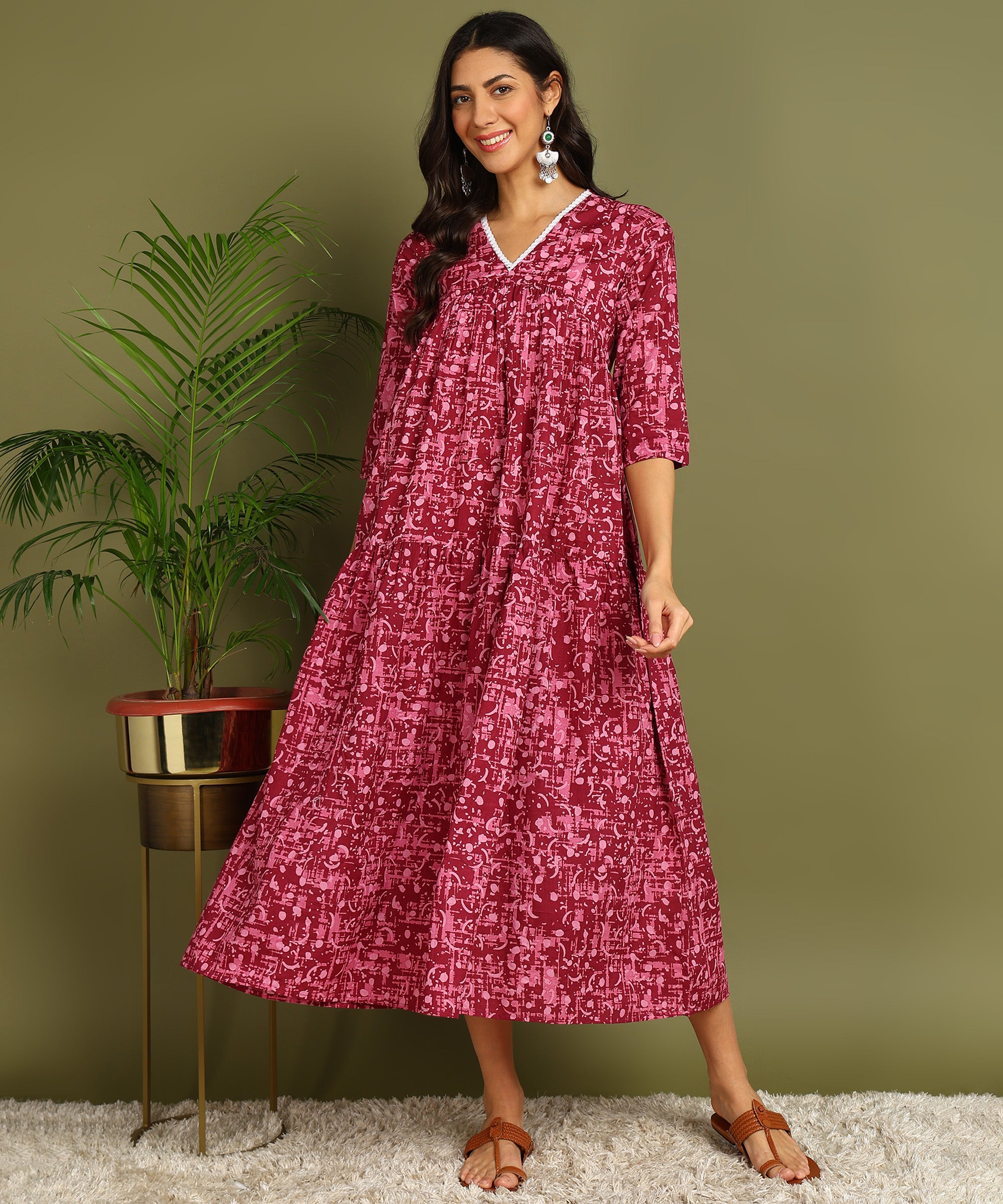Magenta & Pink Printed Maternity Wear Midi Dress