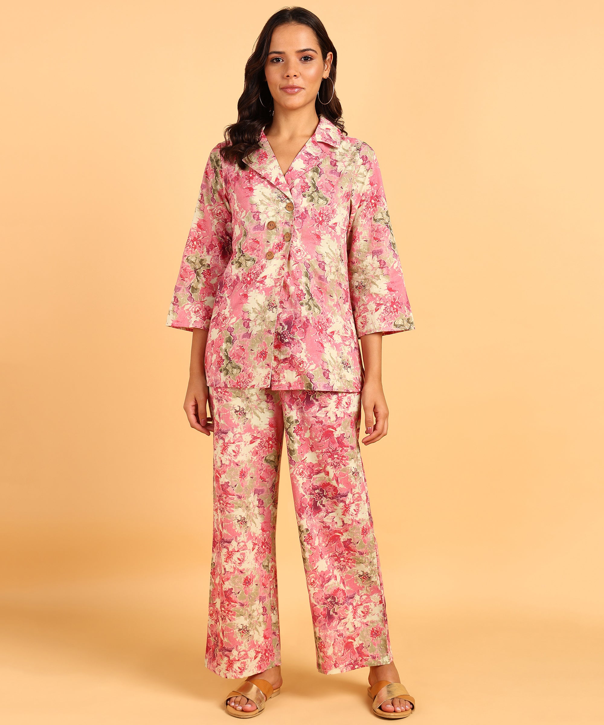 Pink Colored Floral Print Shirt & Pant Set