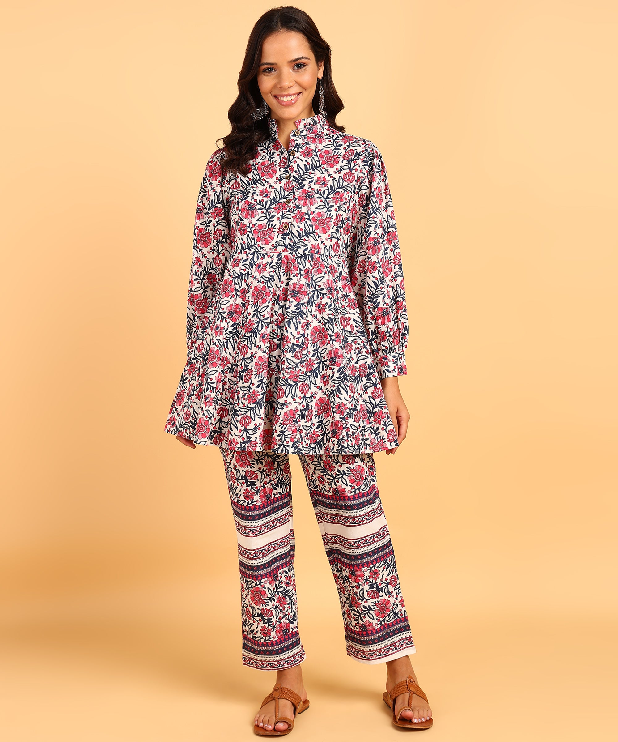 Cream Colored Floral Print Tunic & Pant Set