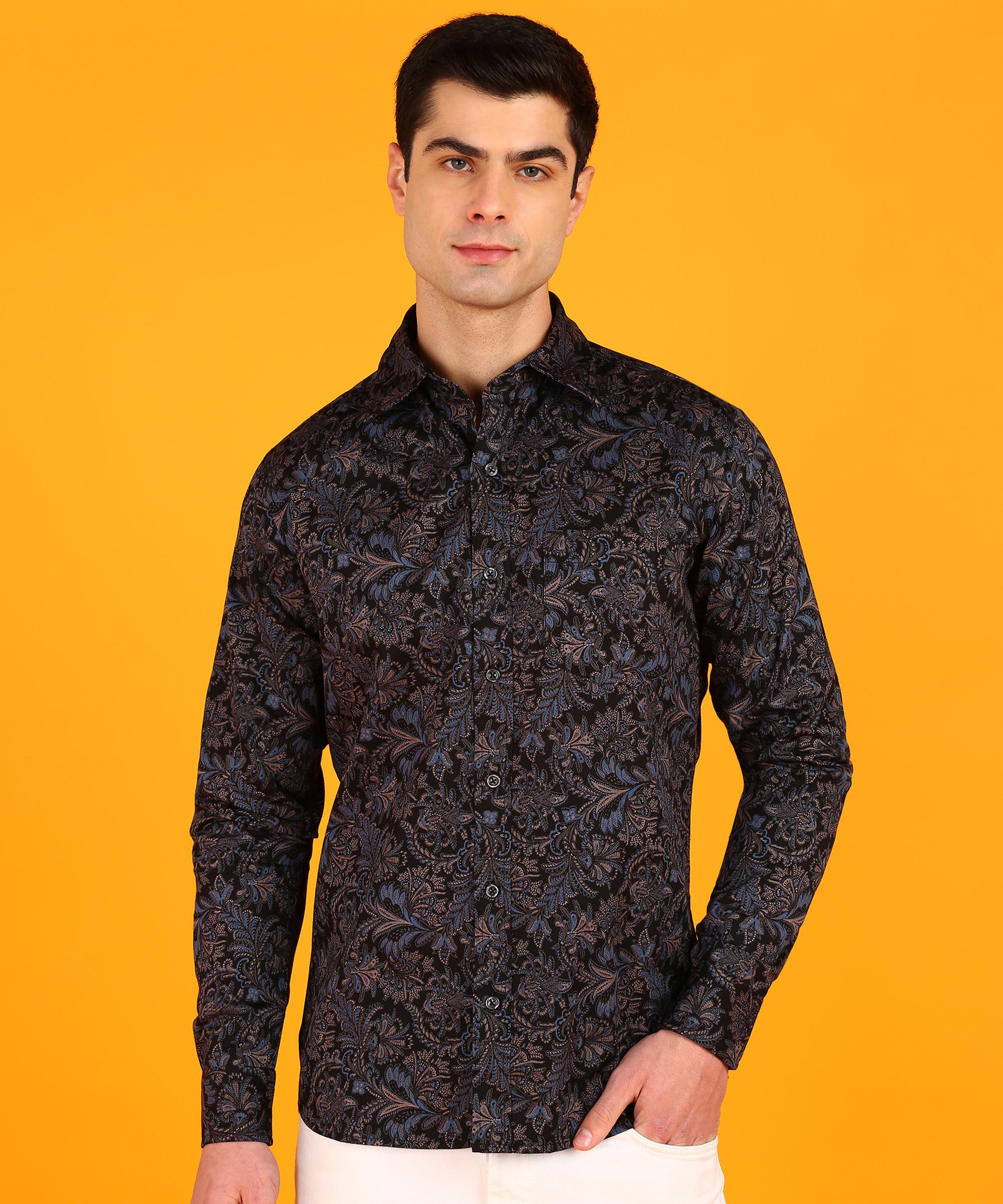 Men Blue & Pink Leaf Motif Black Shirt