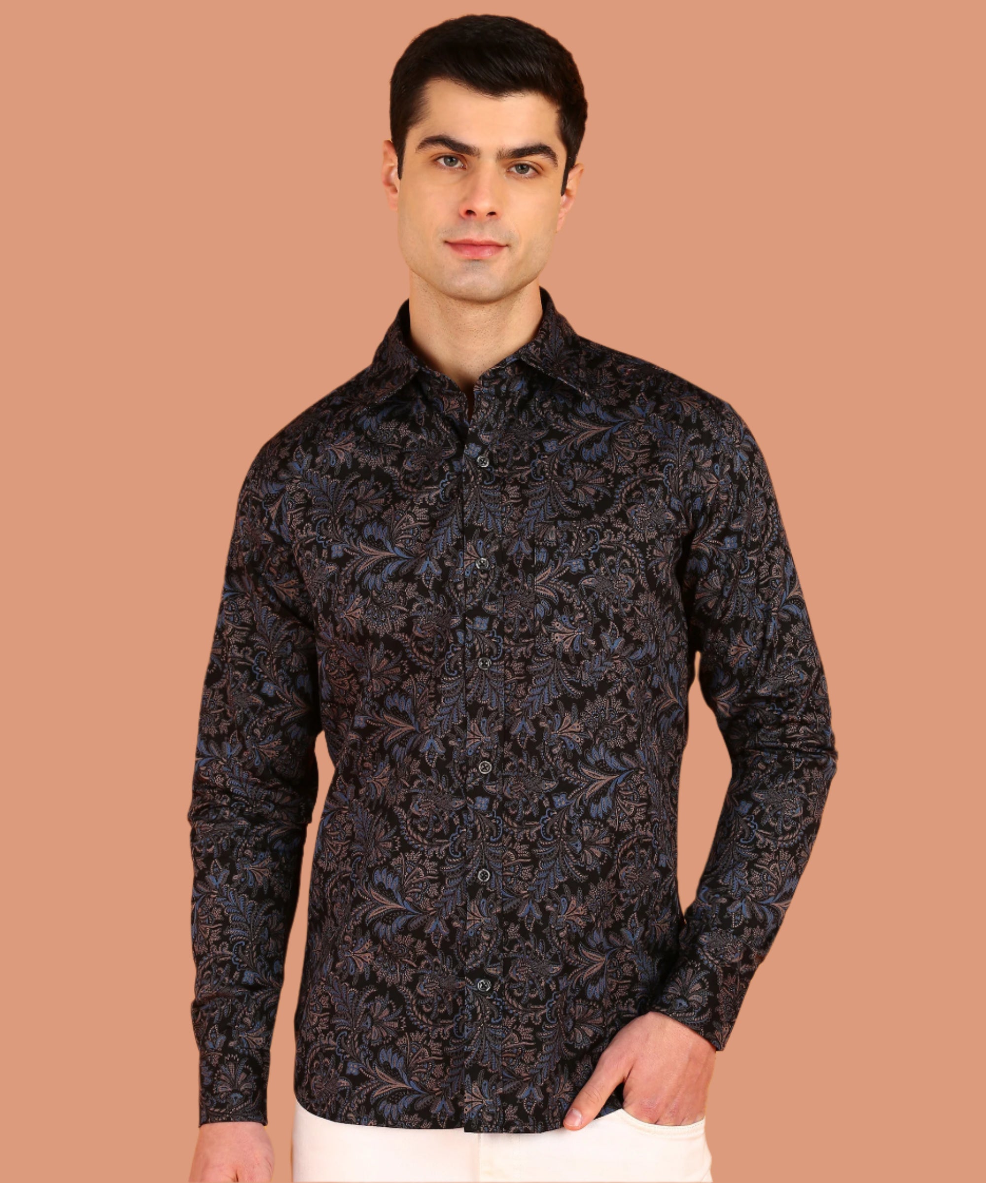 Men Blue & Pink Leaf Motif Black Shirt