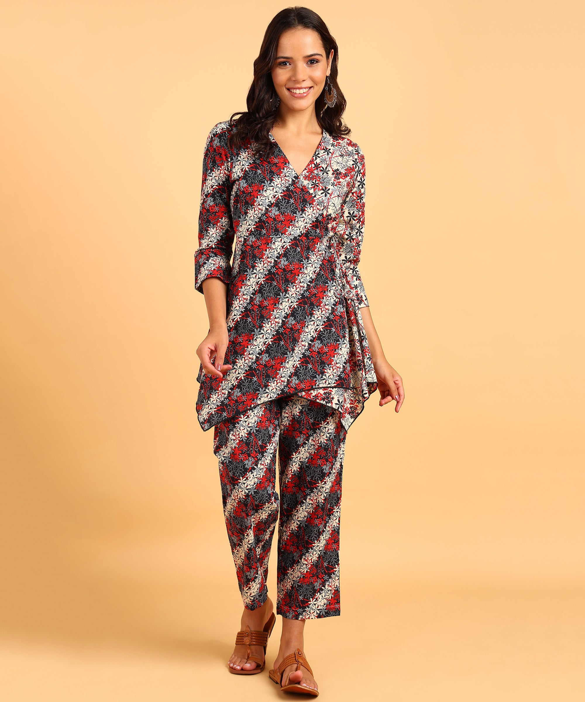 Dual Colored Floral Print Front Tie-Up Top & Pant Set