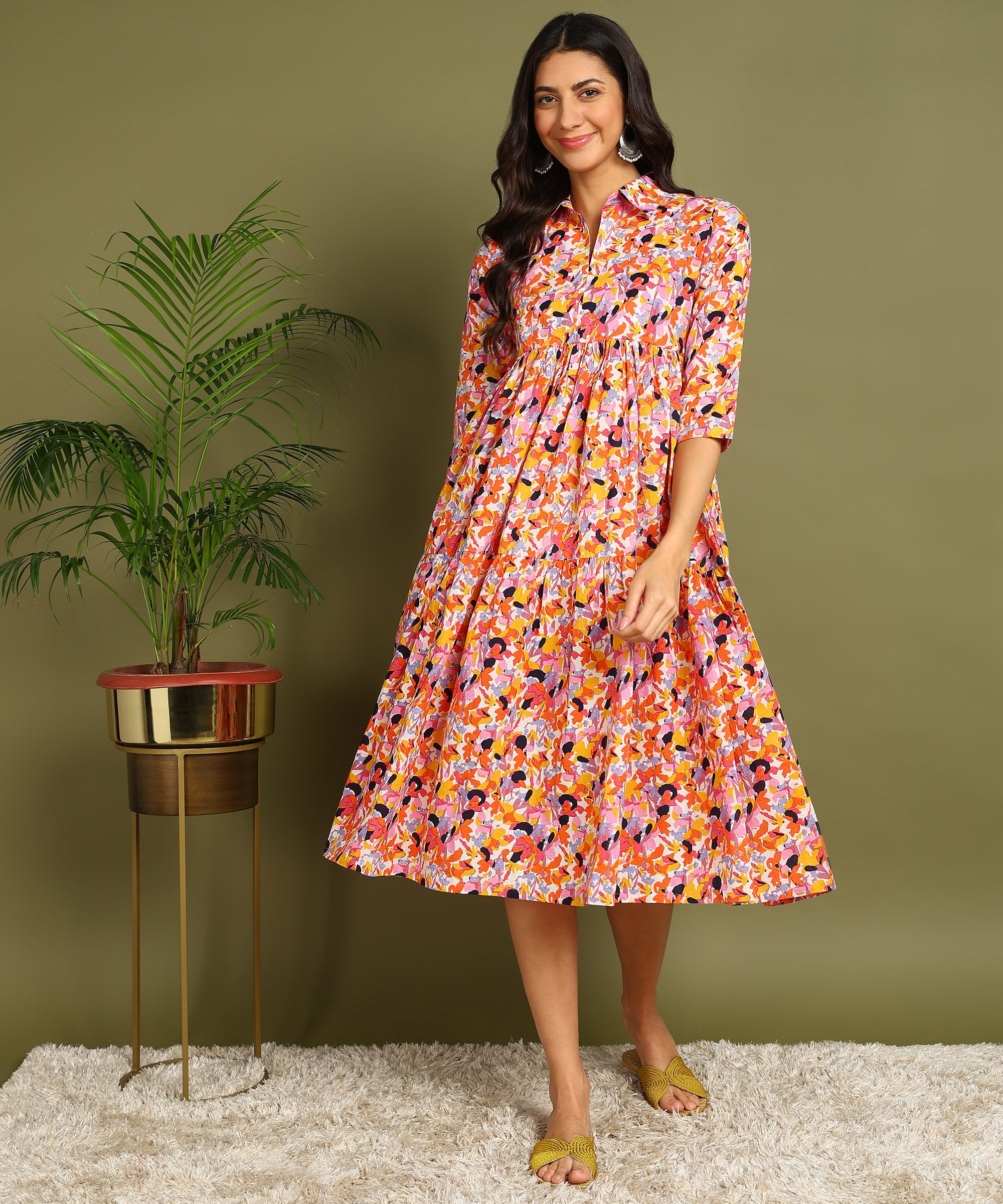 Multicolored Printed Shirt Style Maternity Wear Midi Dress