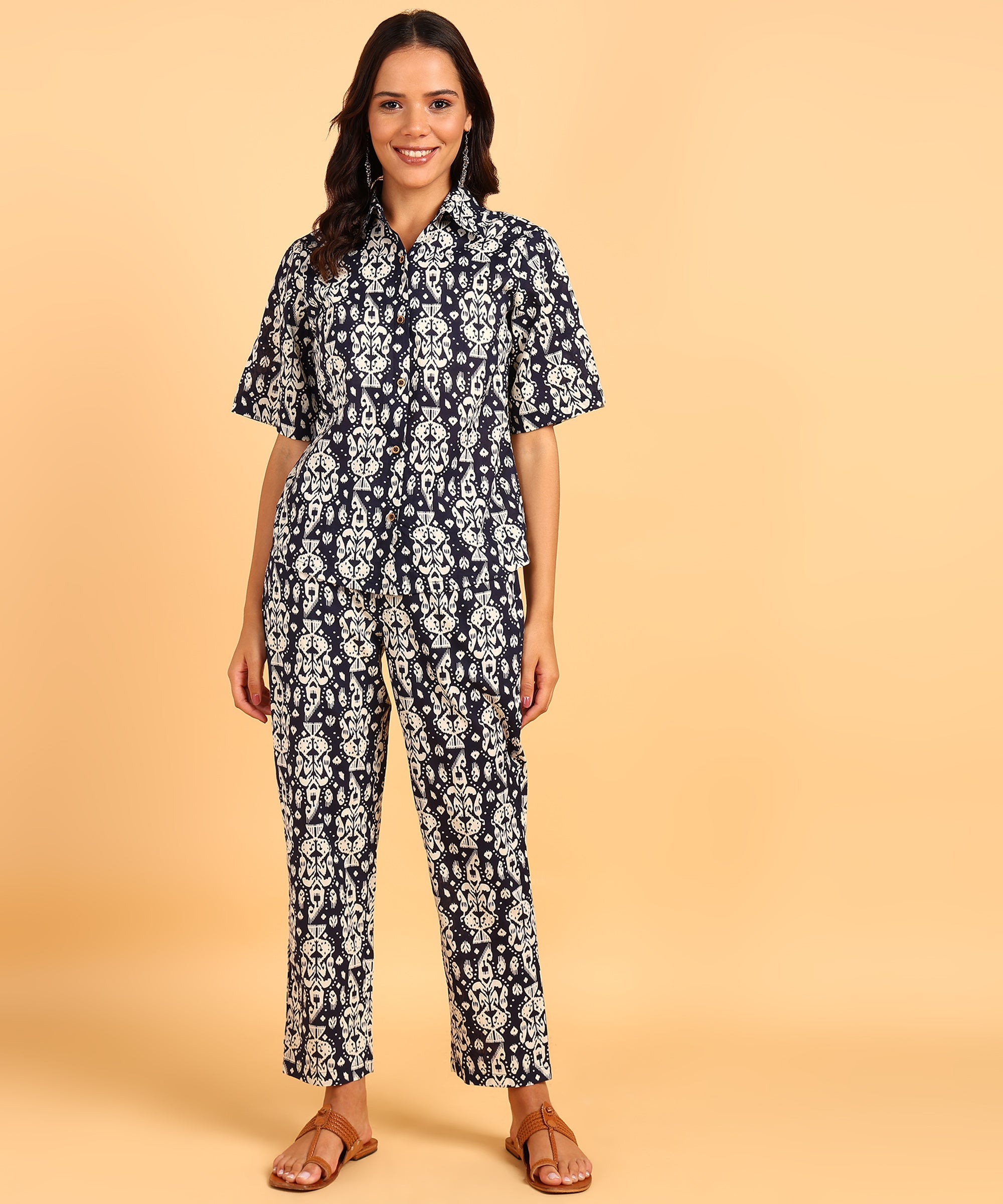 Navy Blue Printed Three Piece Set