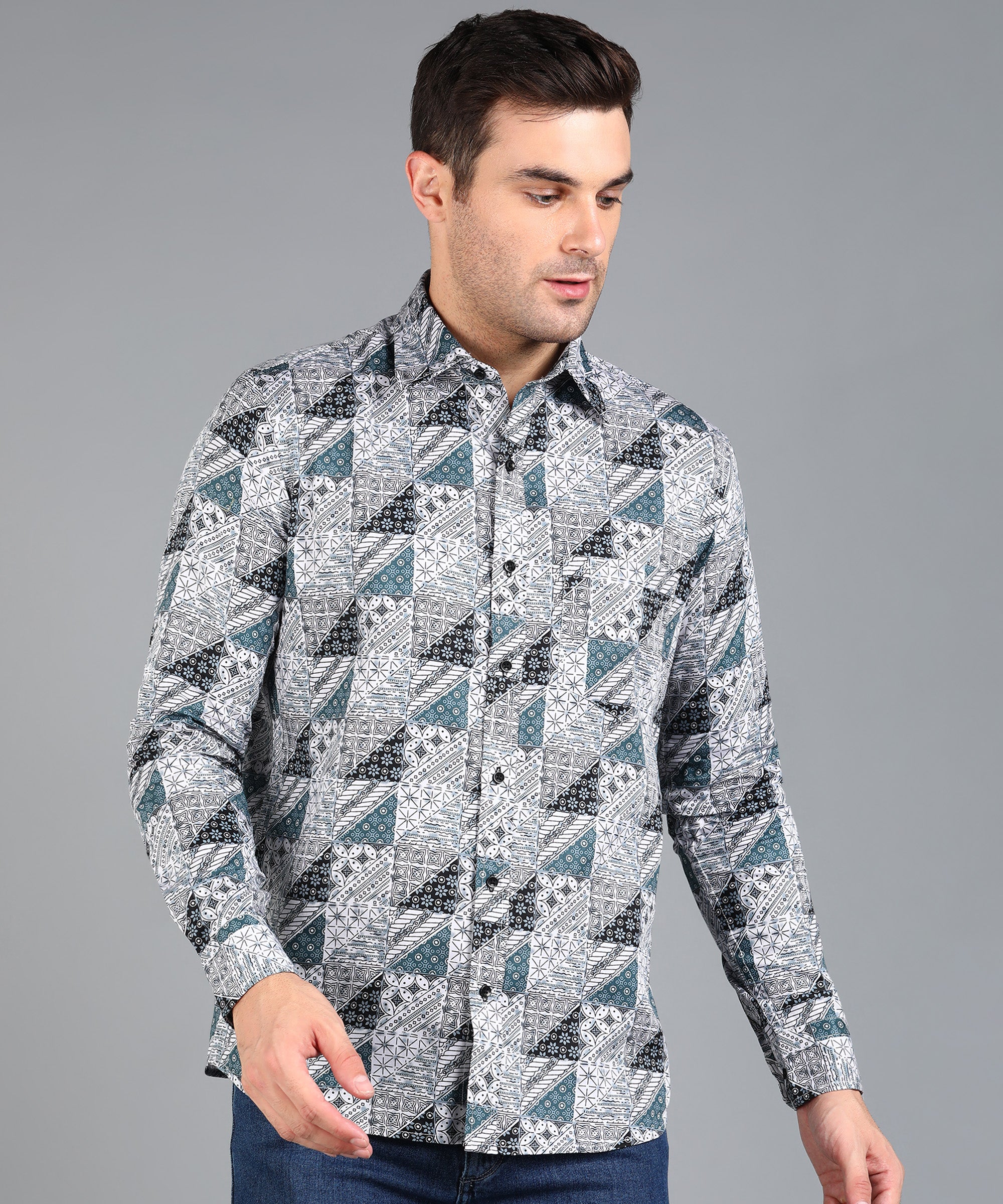 Black & Blue Geomatric Printed Grey Slim Fit Shirt