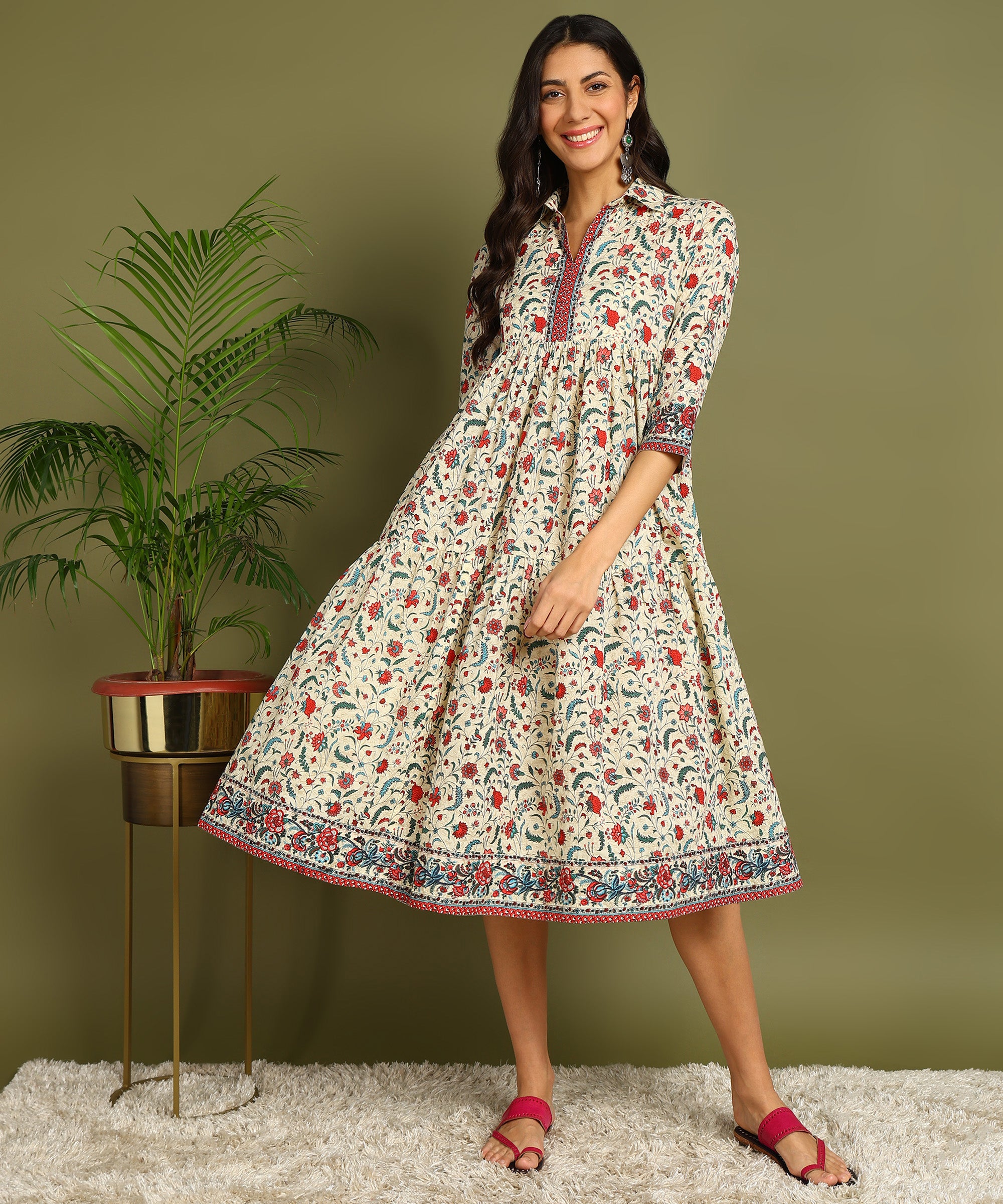 Cream Floral Print Maternity Wear Shirt Style Midi Dress