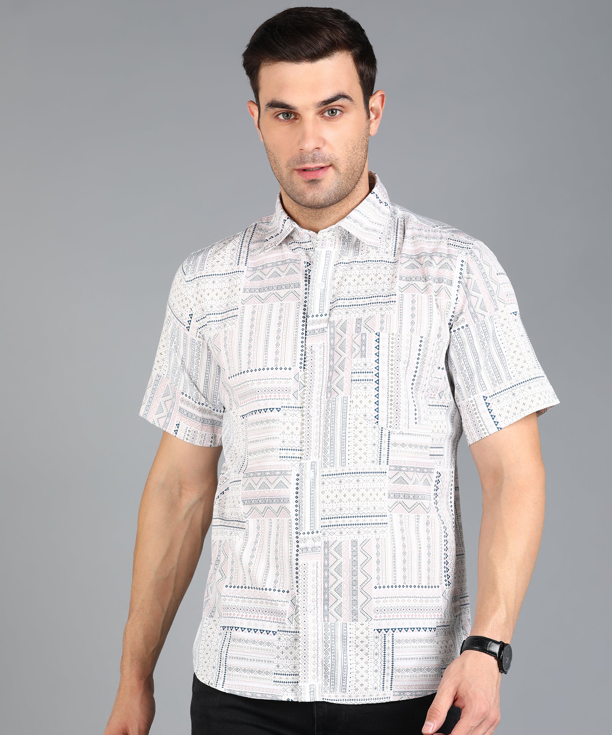 Off White Geomatric Print Half Slim Fit Shirt