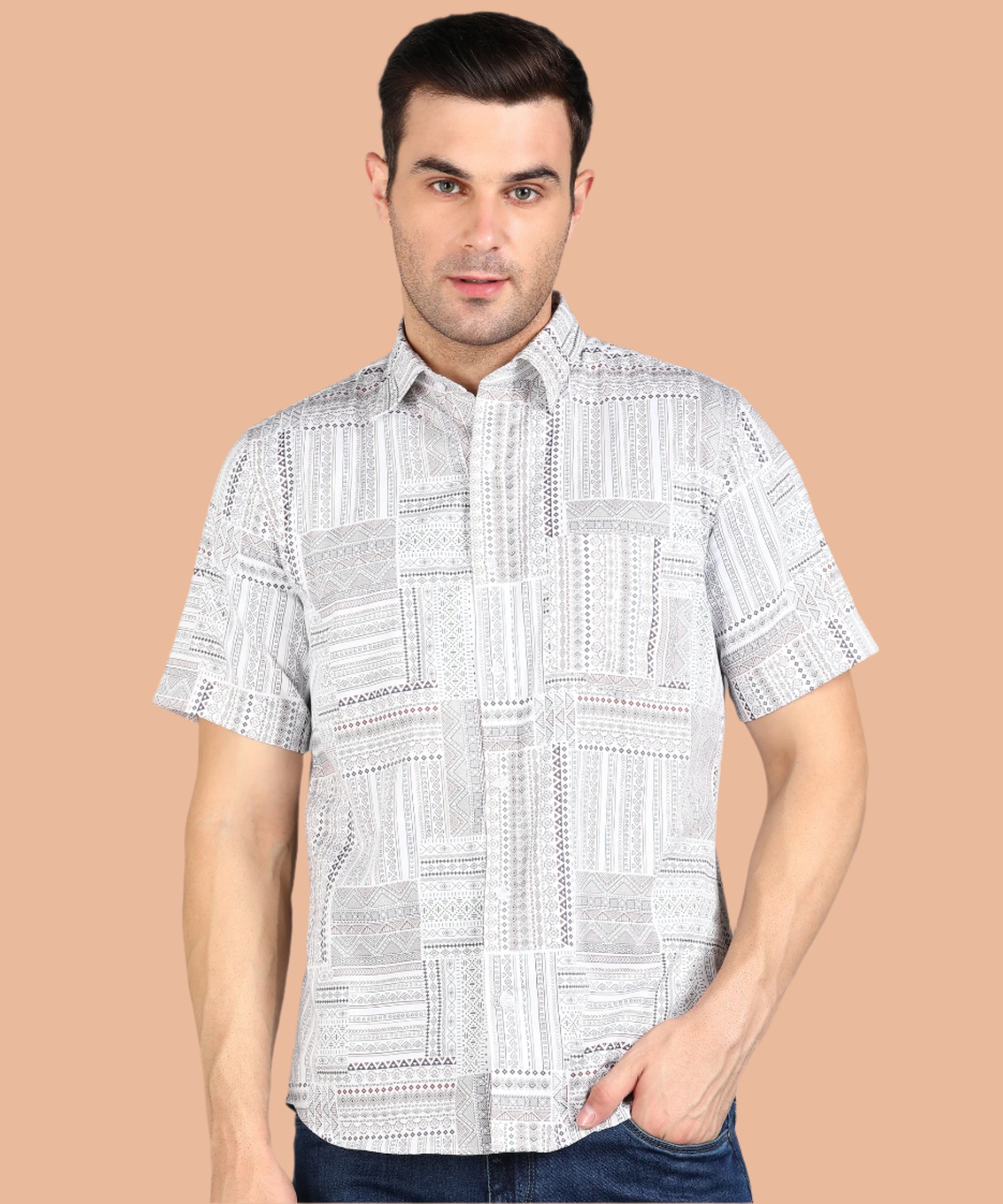 Off White Indian Prints Half Slim Fit Shirt