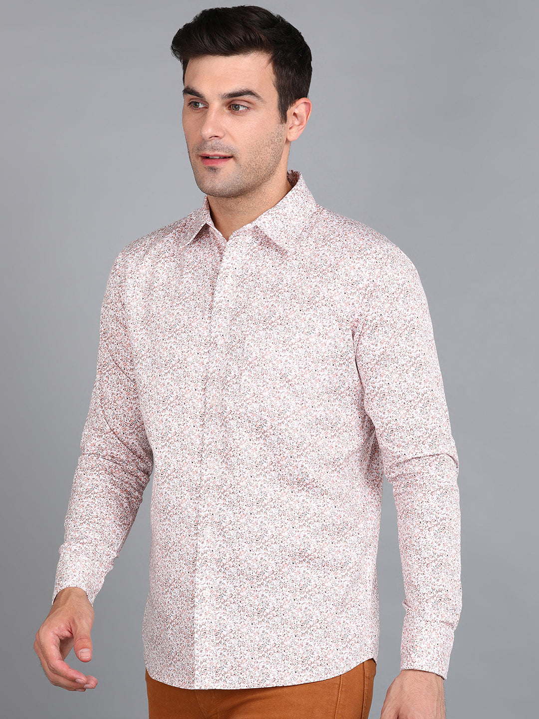 Beige Floral Printed Slim Fit Shirt