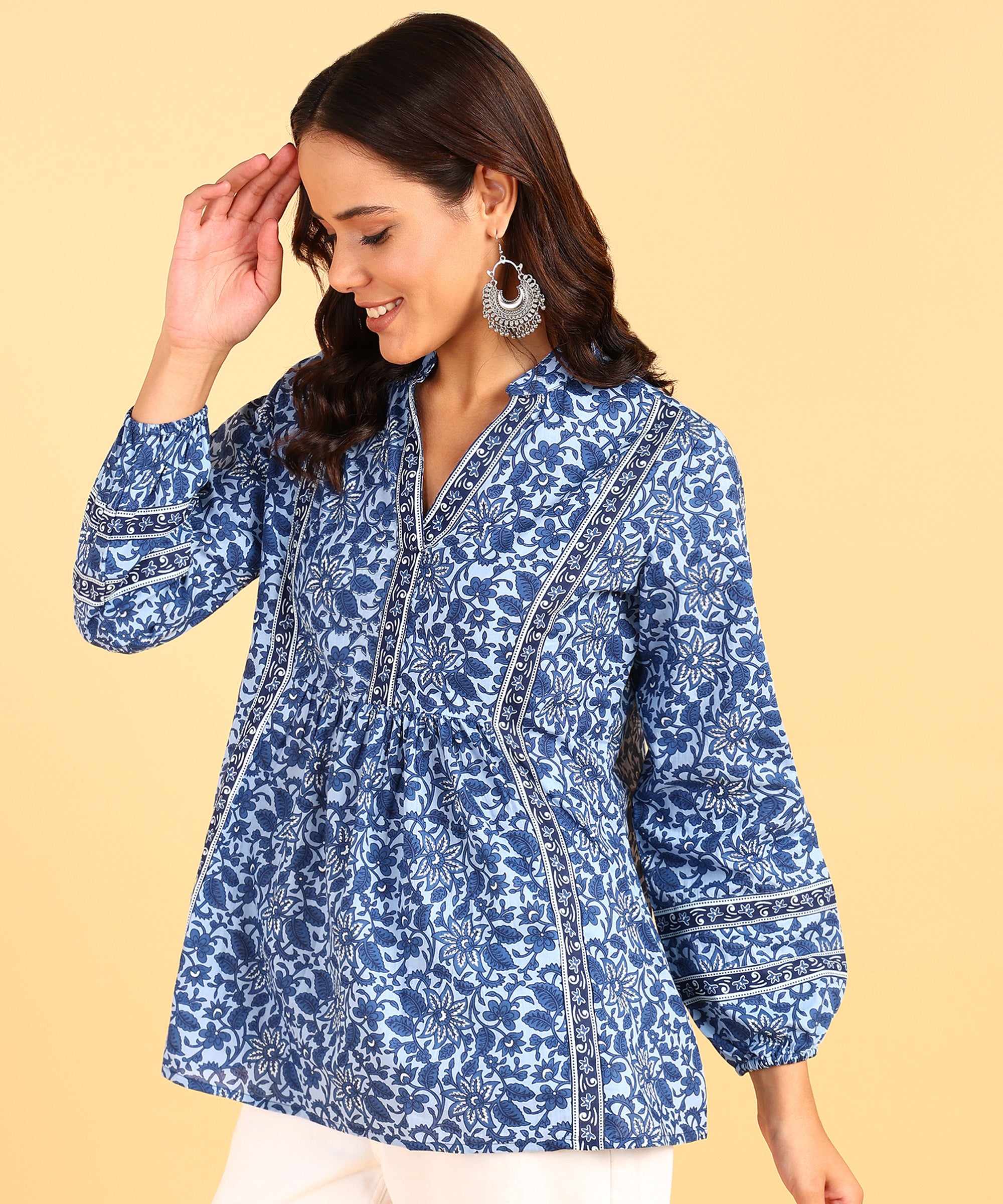 Blue Colored Floral Motif Printed Short Kurti