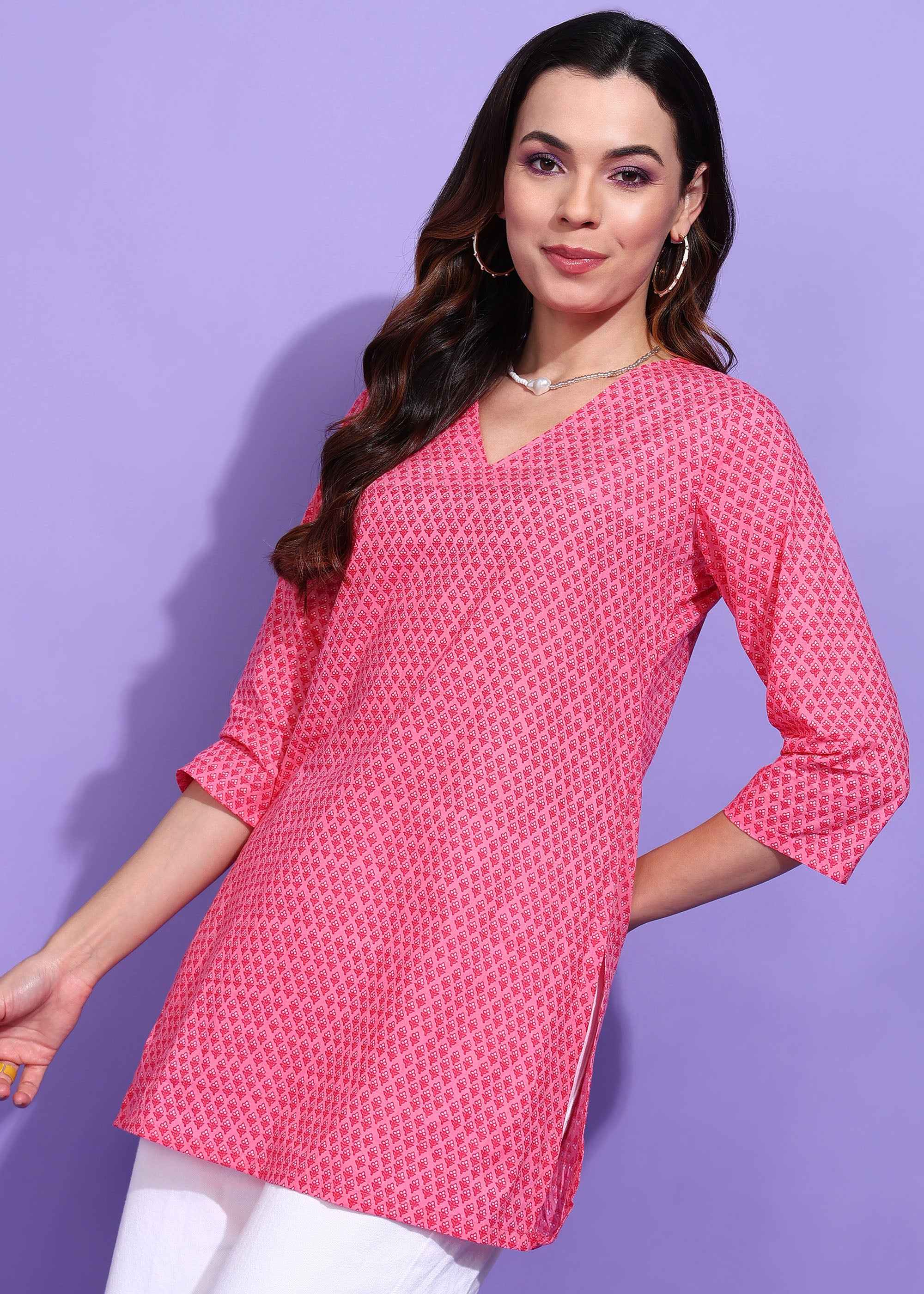 Pink Printed Short Cotton Kurti