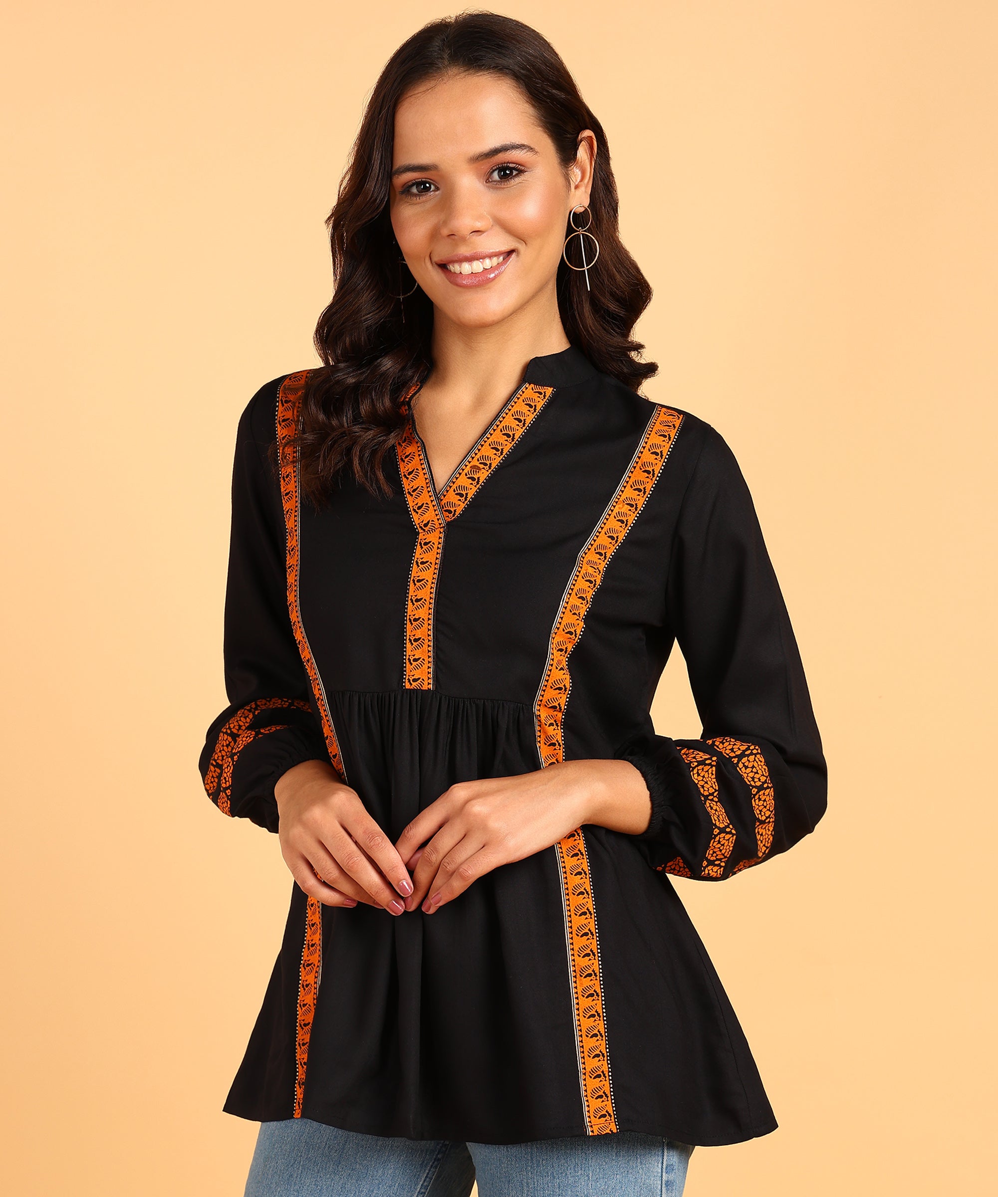 Black Short Kurti With Orange Border