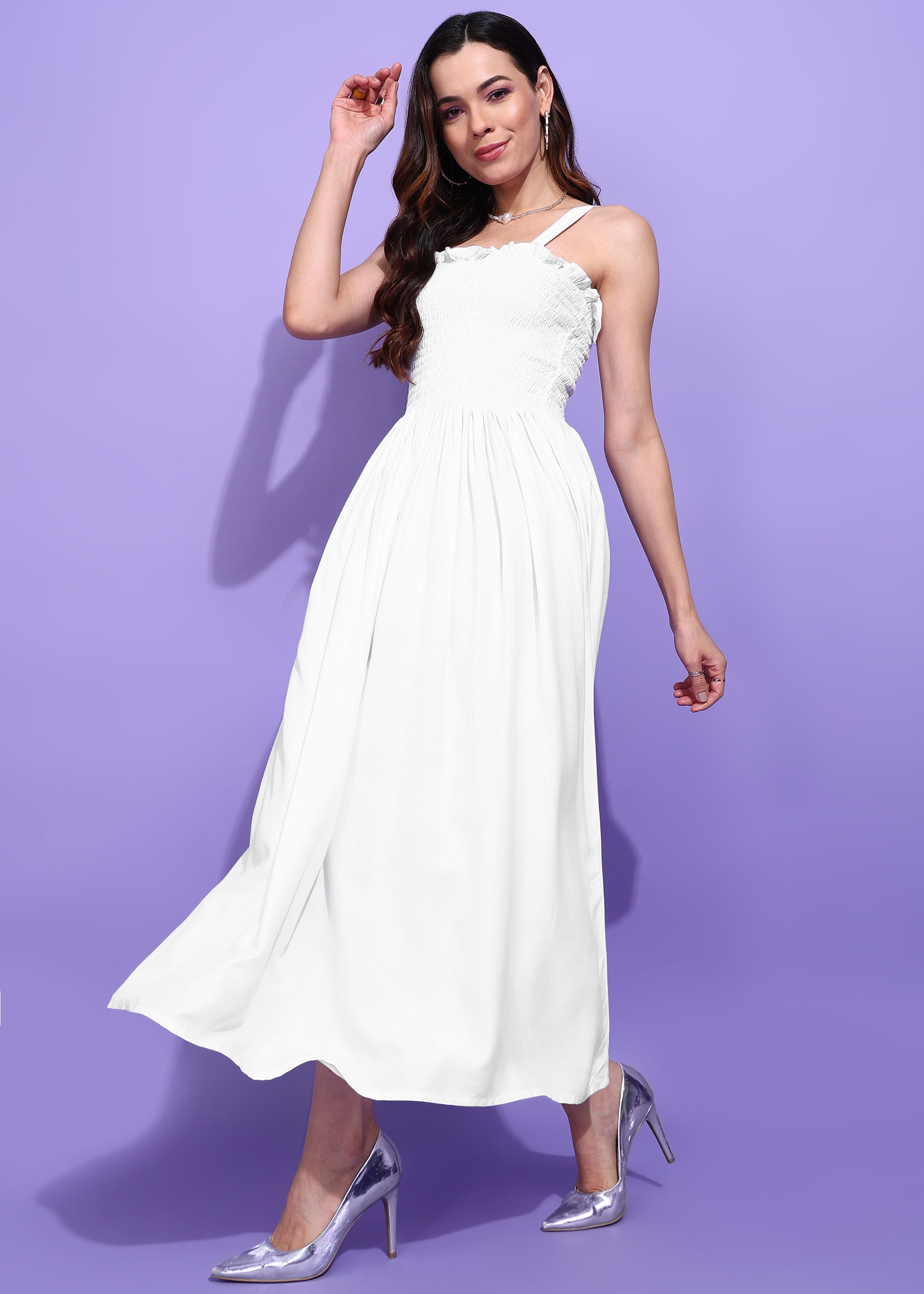White Sleeveless Smocking Maxi Dress