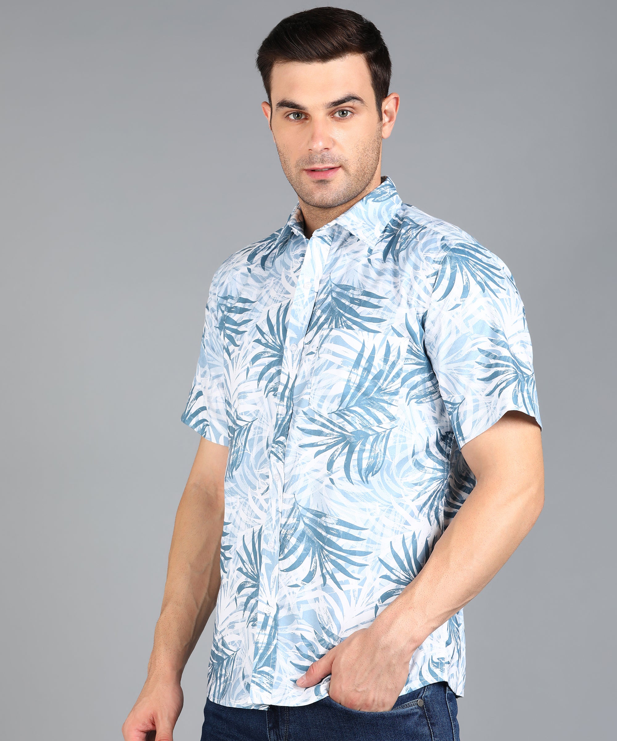Blue Leaf Printed Half Slim Fit Shirt