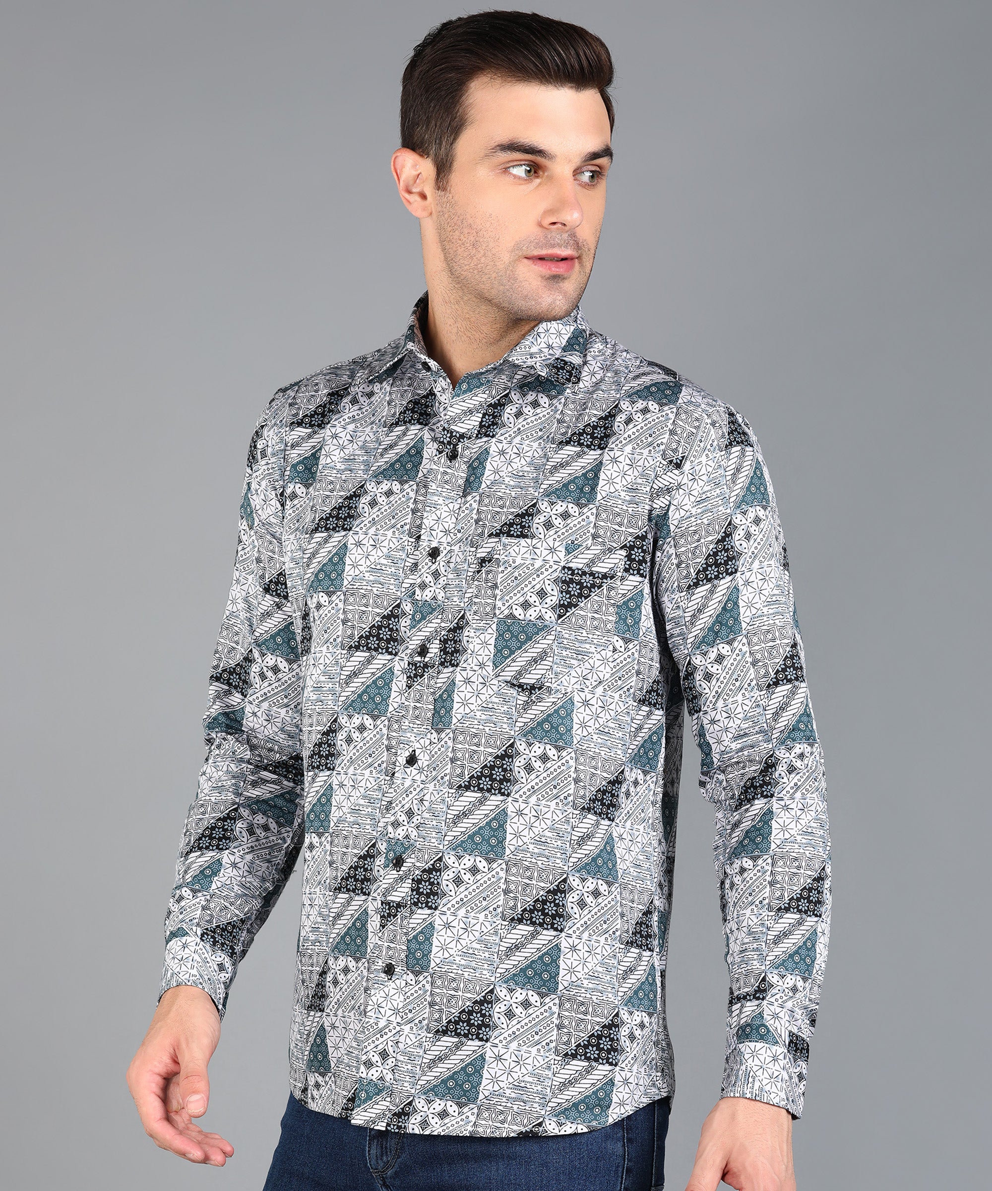 Black & Blue Geomatric Printed Grey Slim Fit Shirt