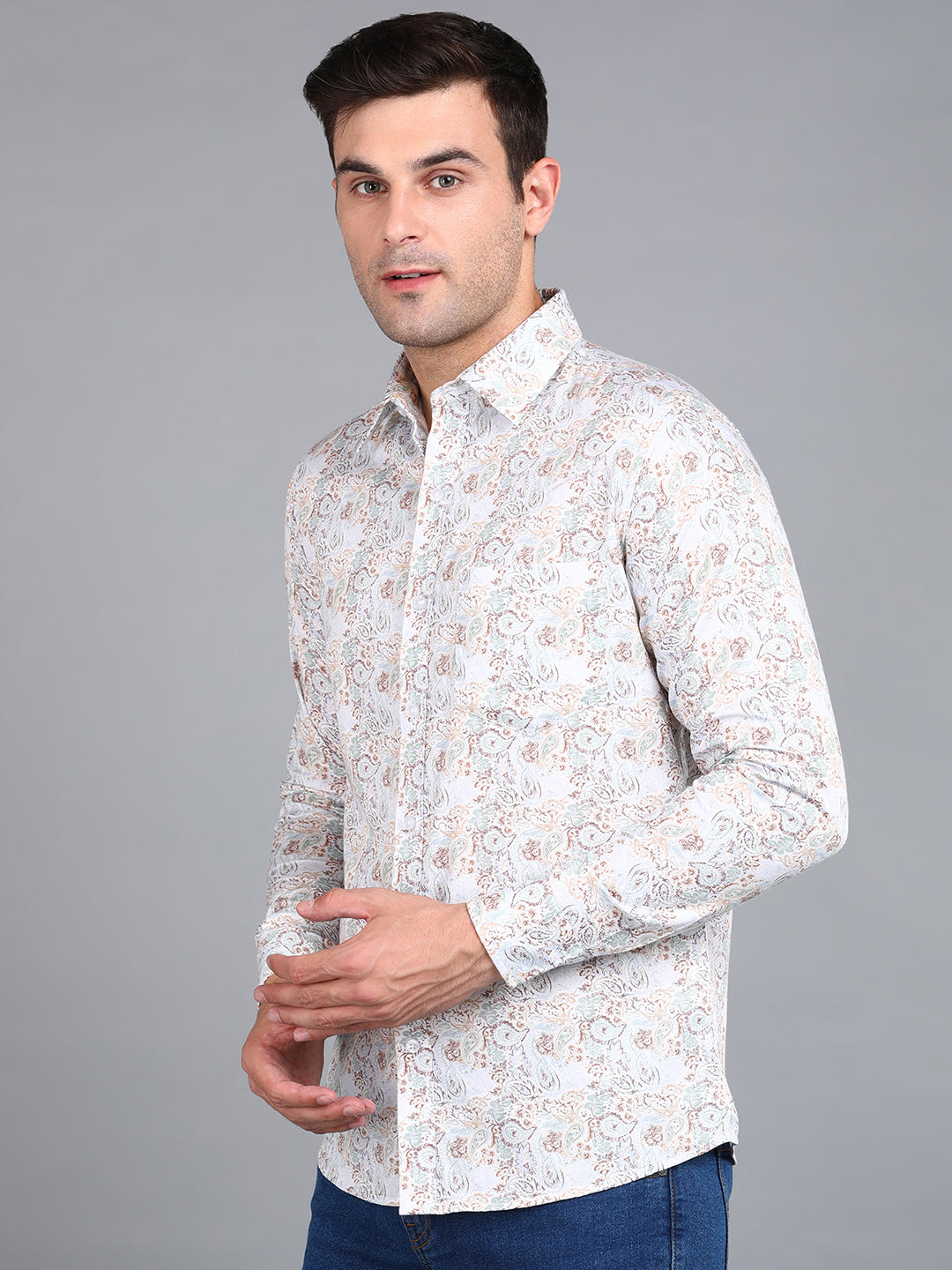 Beige Floral Printed Off White Slim Fit Shirt