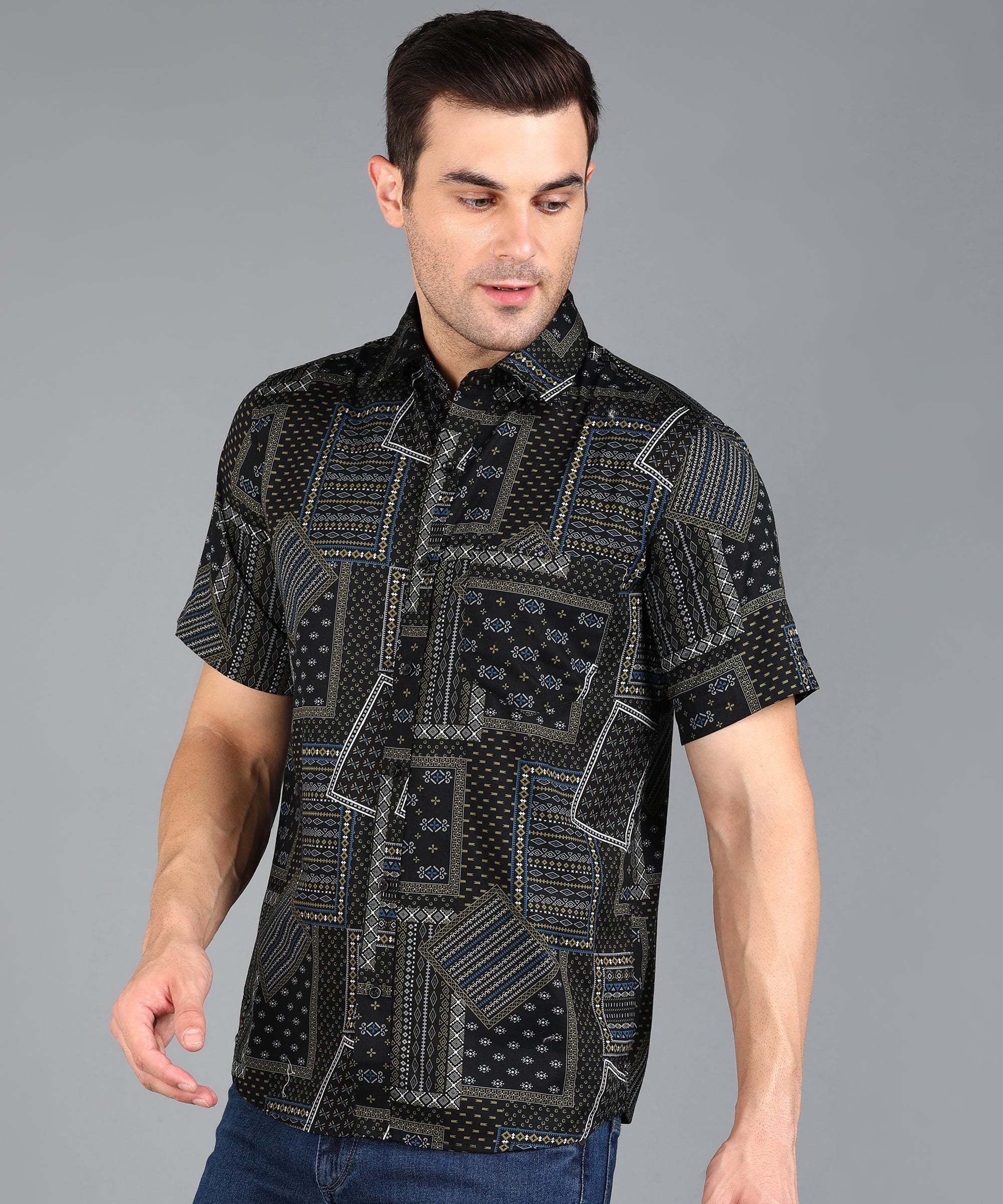 Black Indian Prints Half Slim Fit Shirt