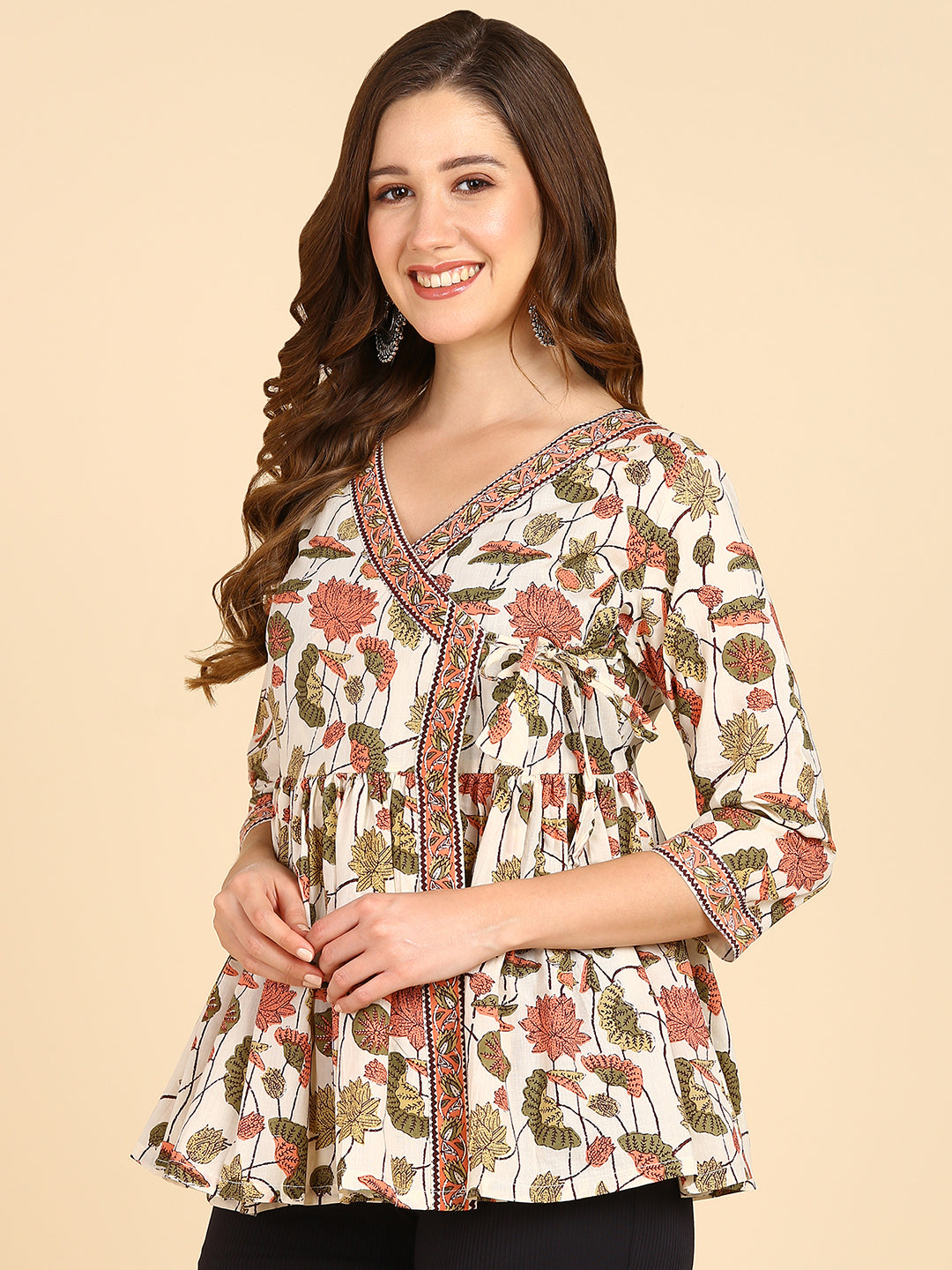 Floral Printed Angrakha Style Cream Top
