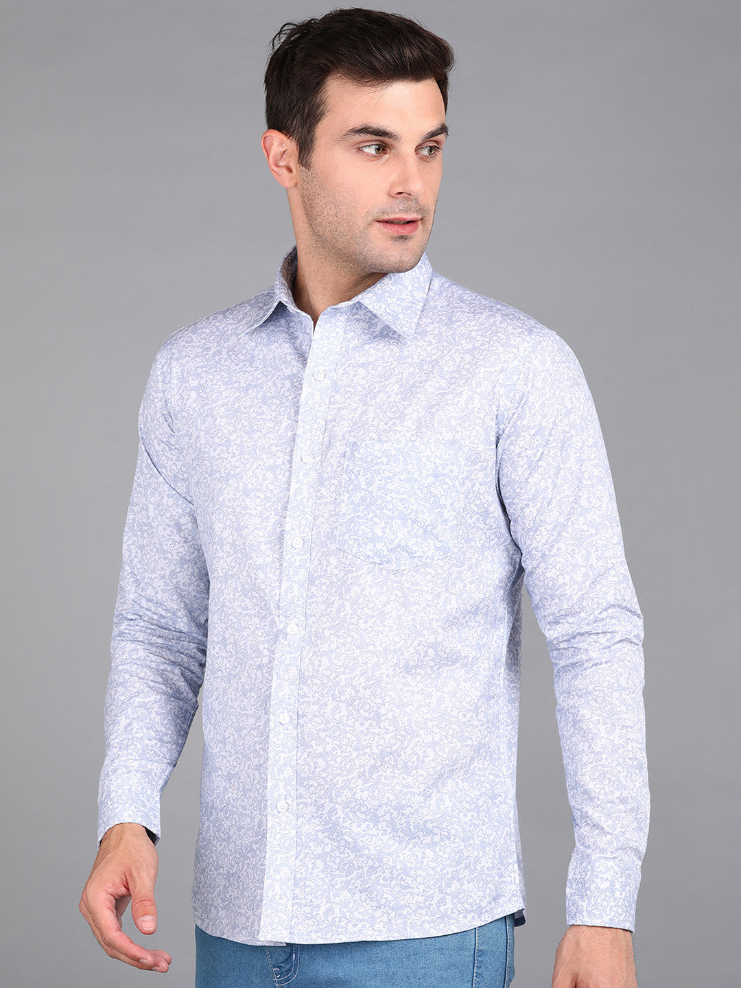 Blue Leaf & Floral Printed Slim Fit Shirt