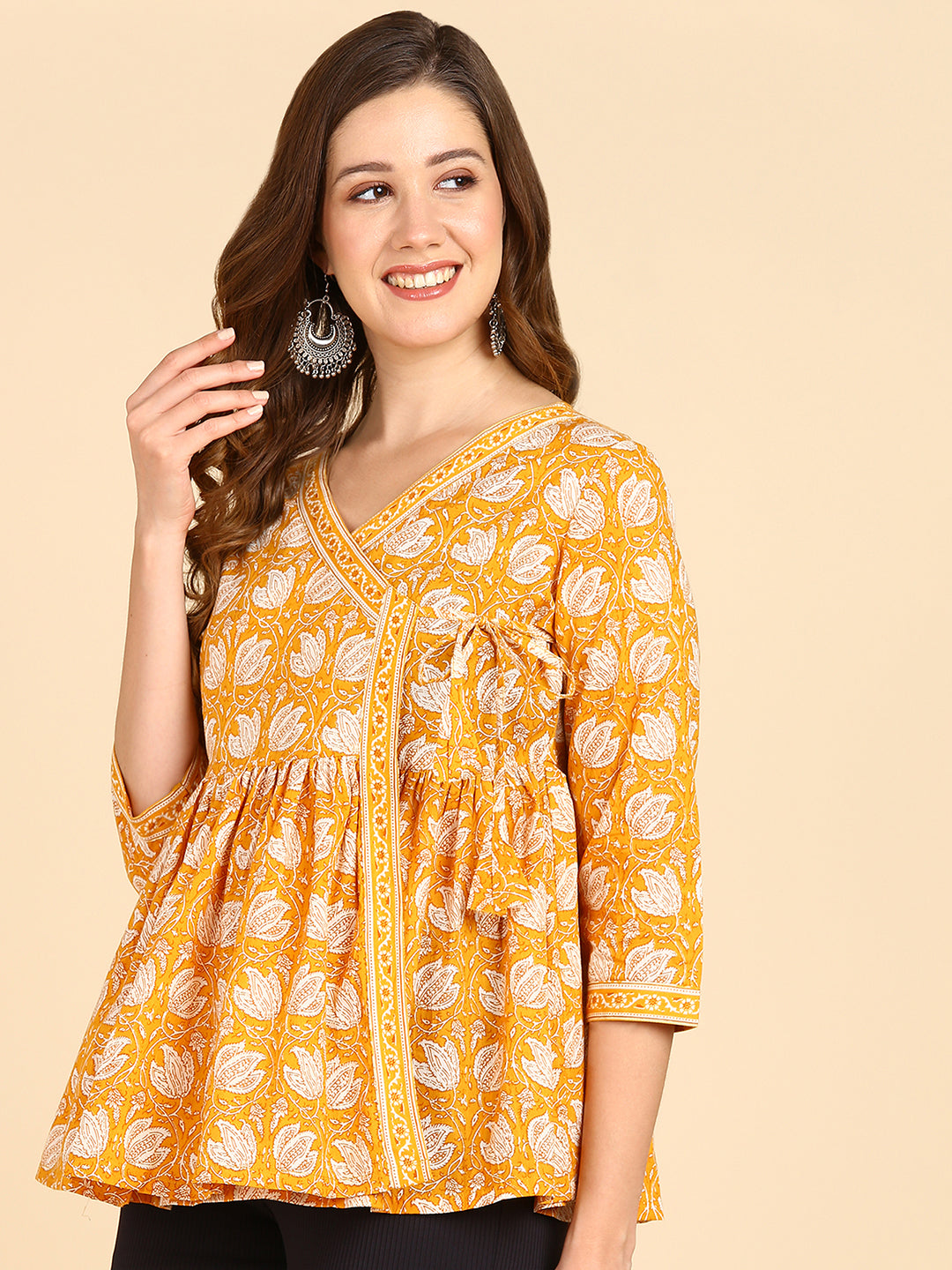 Floral Printed Angrakha Style Yellow Top