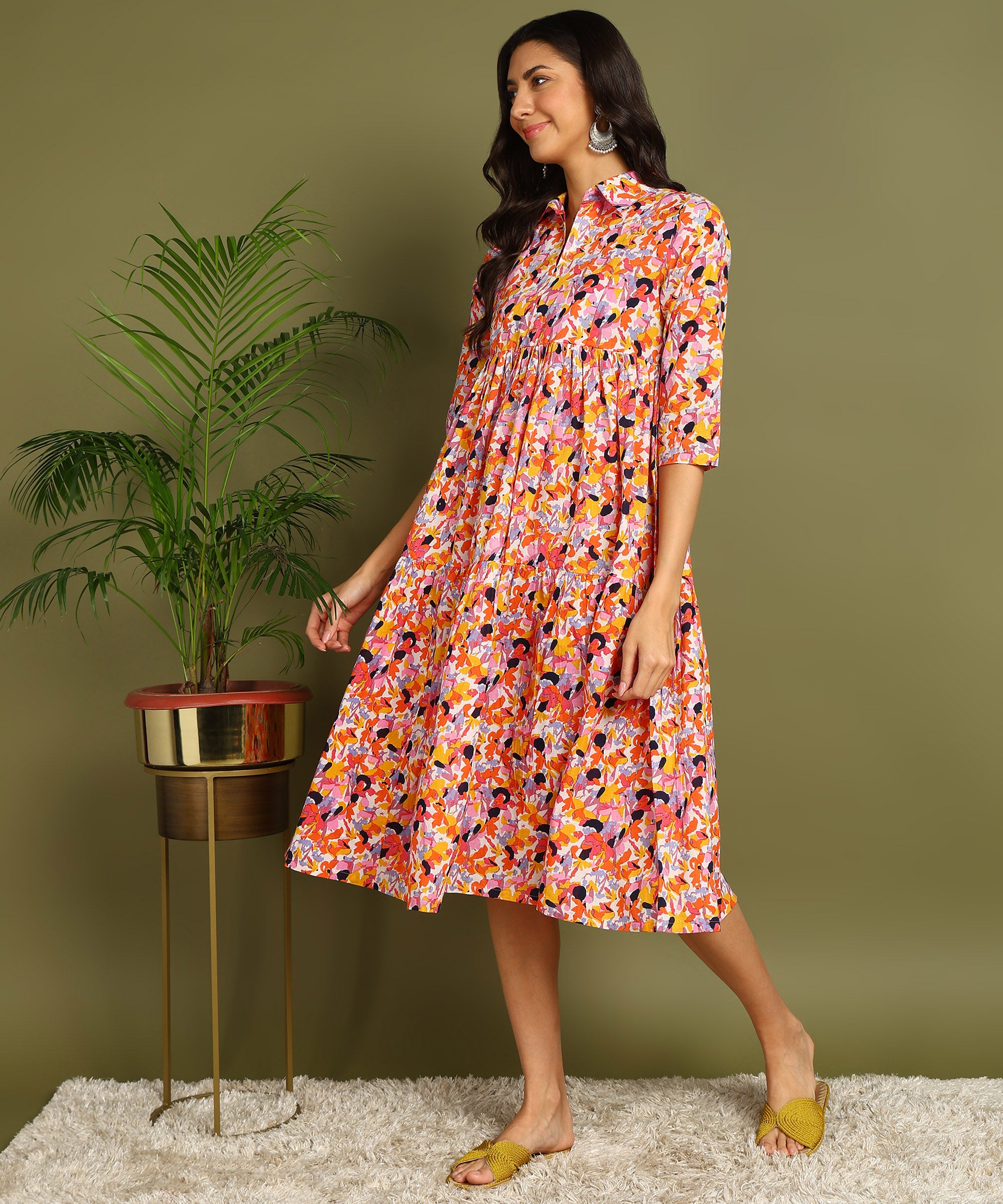 Multicolored Printed Shirt Style Maternity Wear Midi Dress