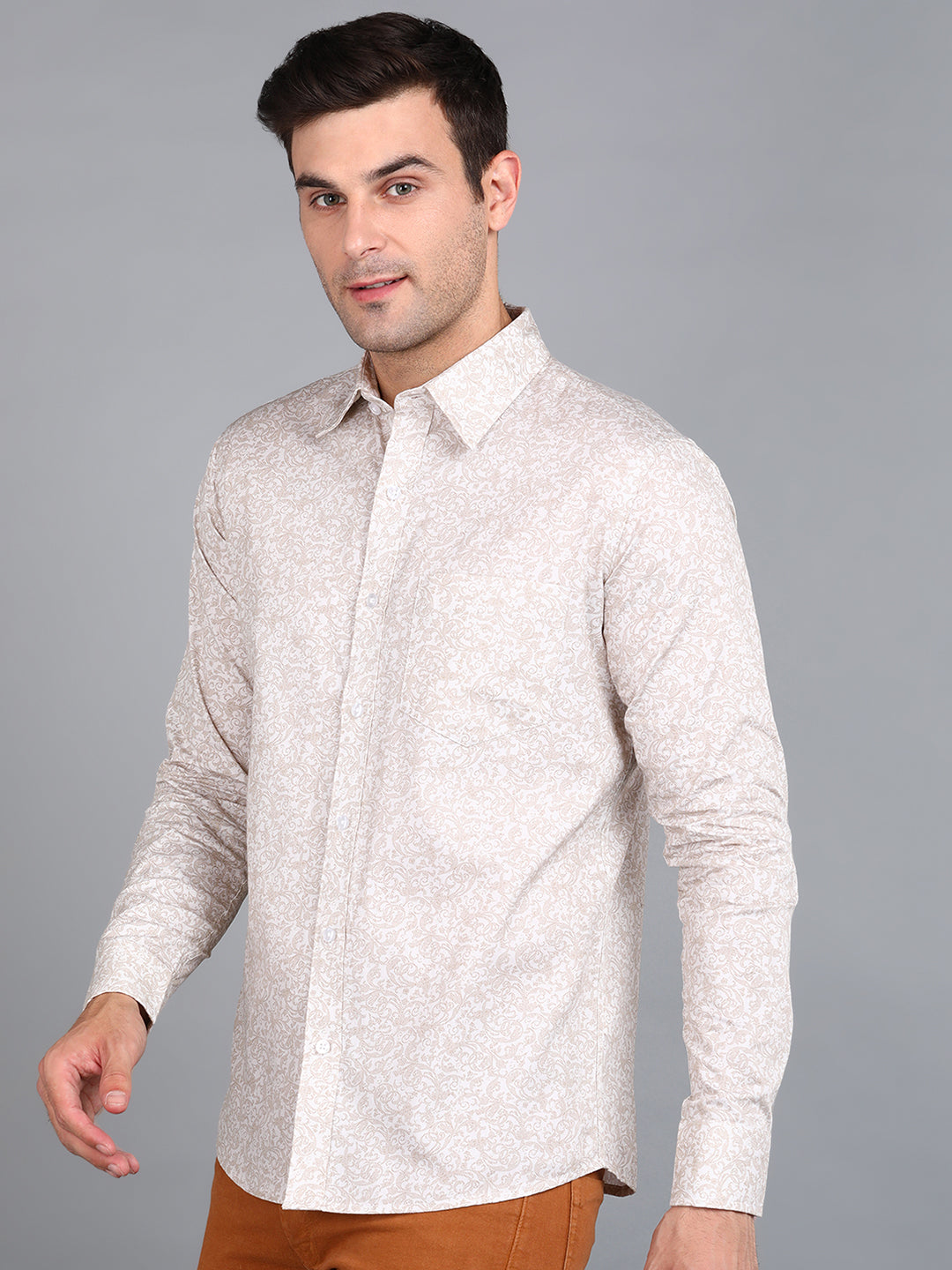 Beige Floral Printed Slim Fit Shirt
