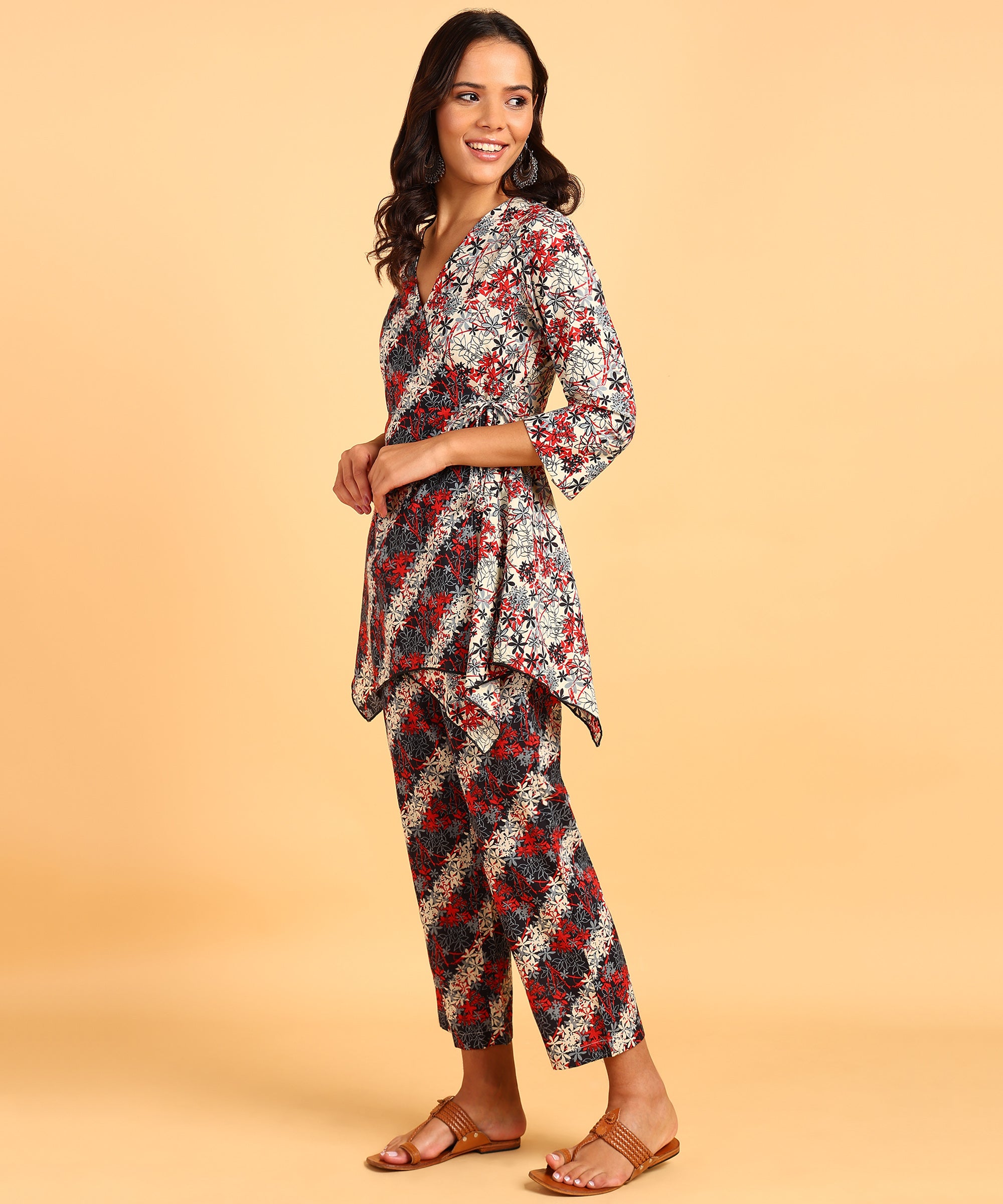 Dual Colored Floral Print Front Tie-Up Top & Pant Set