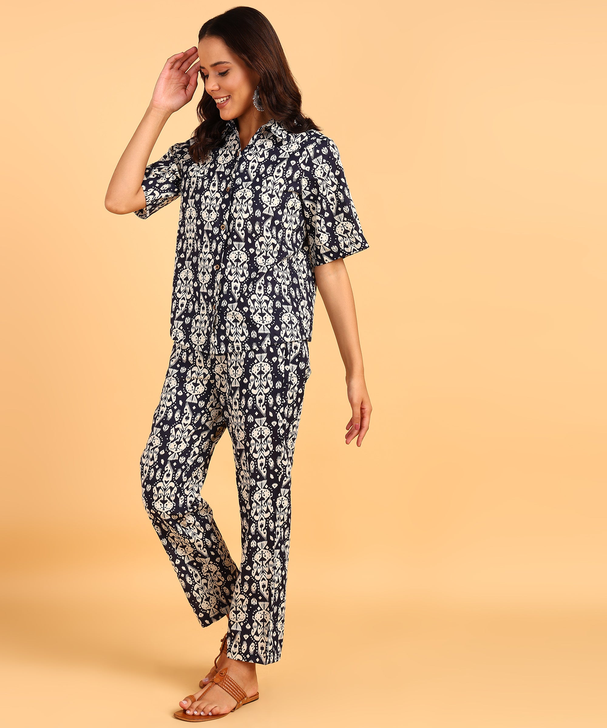 Navy Blue Printed Three Piece Set
