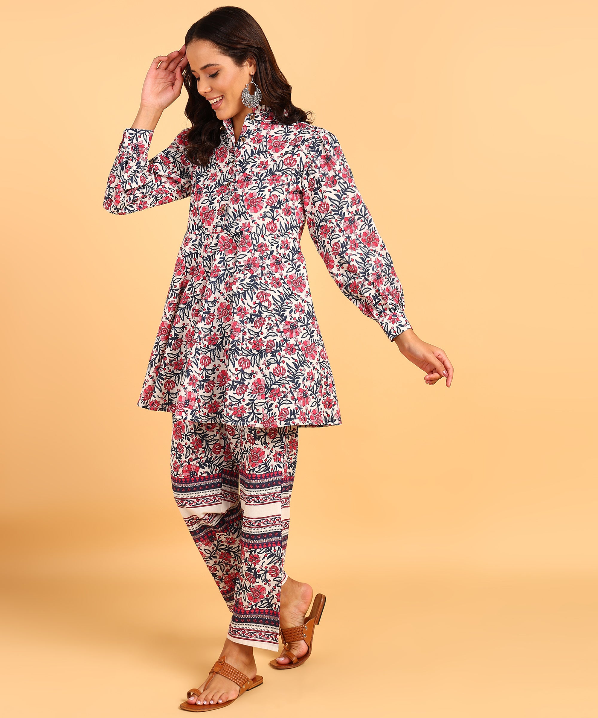 Cream Colored Floral Print Tunic & Pant Set