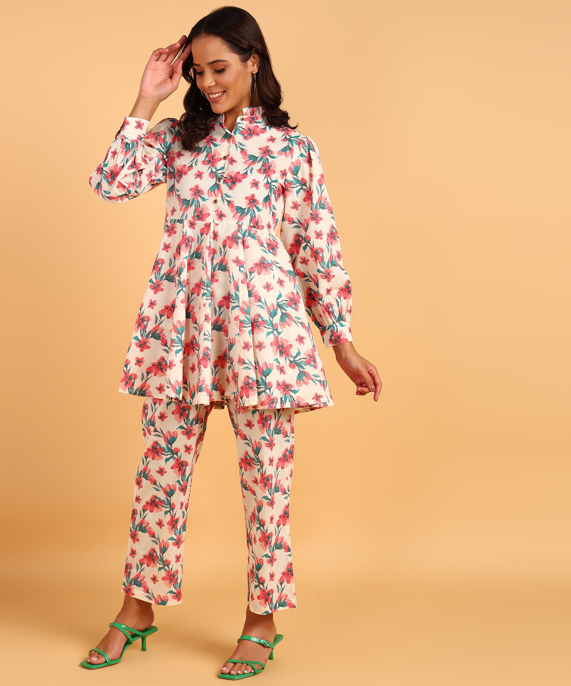 Cream Colored Floral Print Tunic & Pant Set