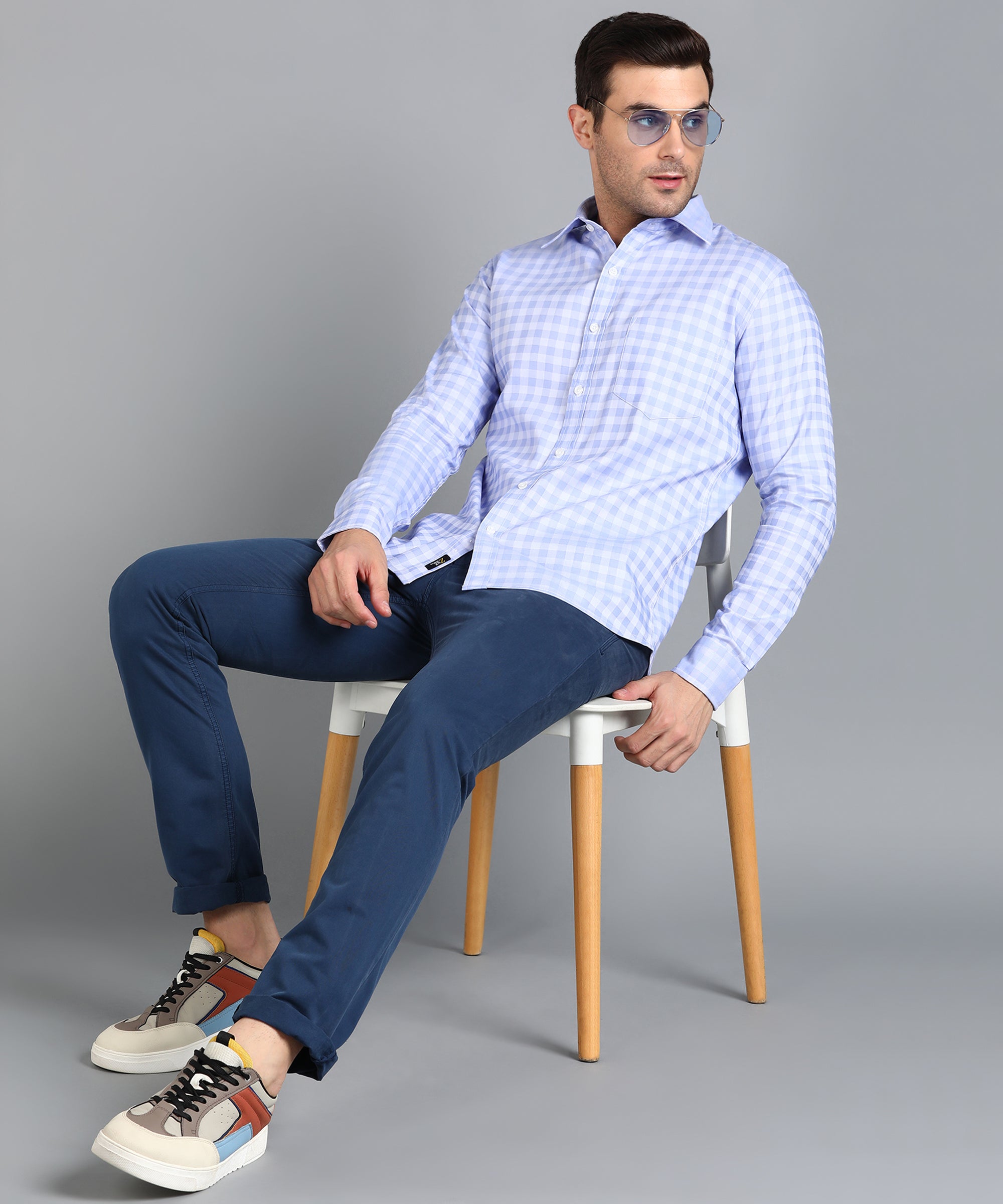 Sky Blue & White Checked Slim Fit Shirt