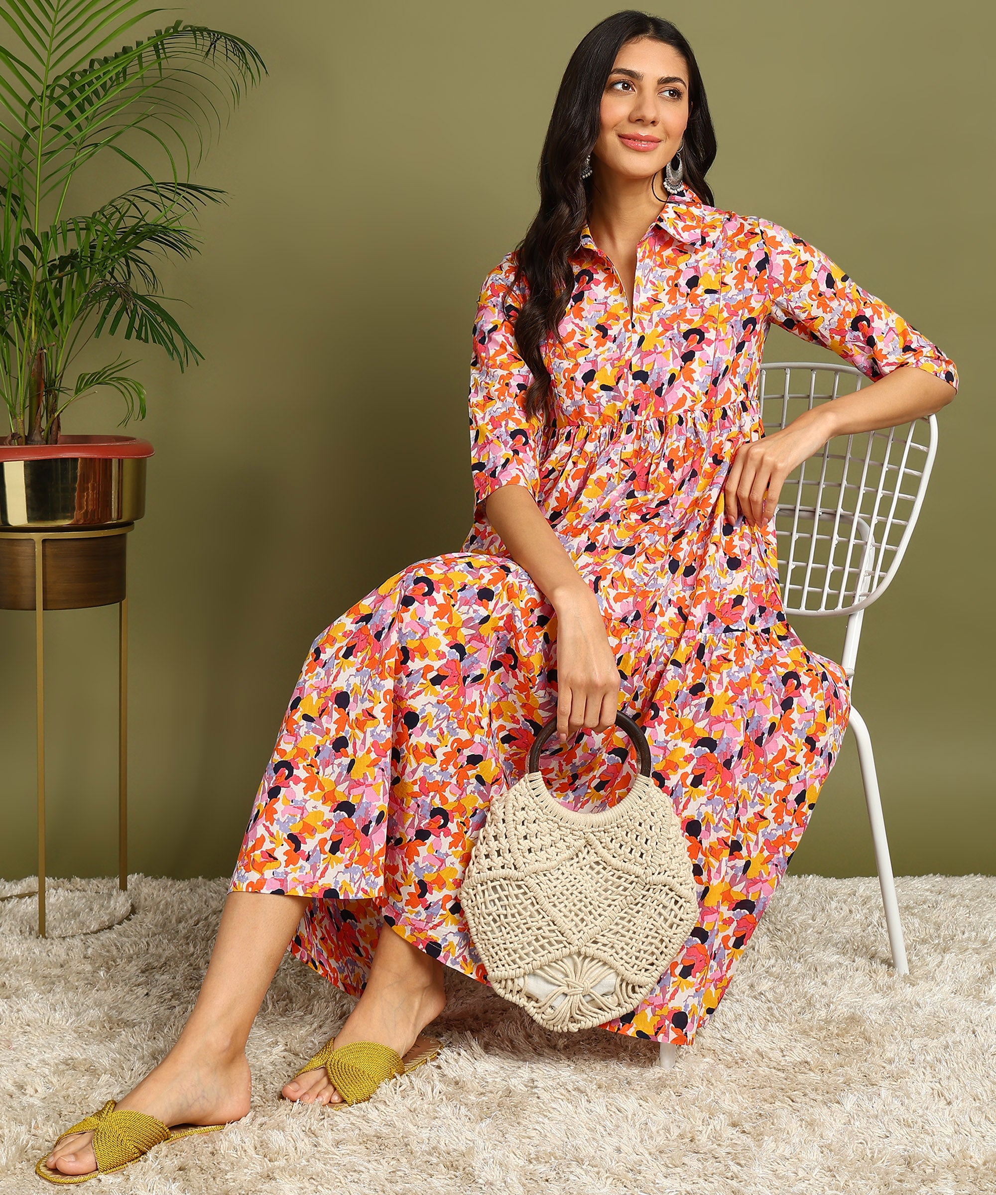Multicolored Printed Shirt Style Maternity Wear Midi Dress