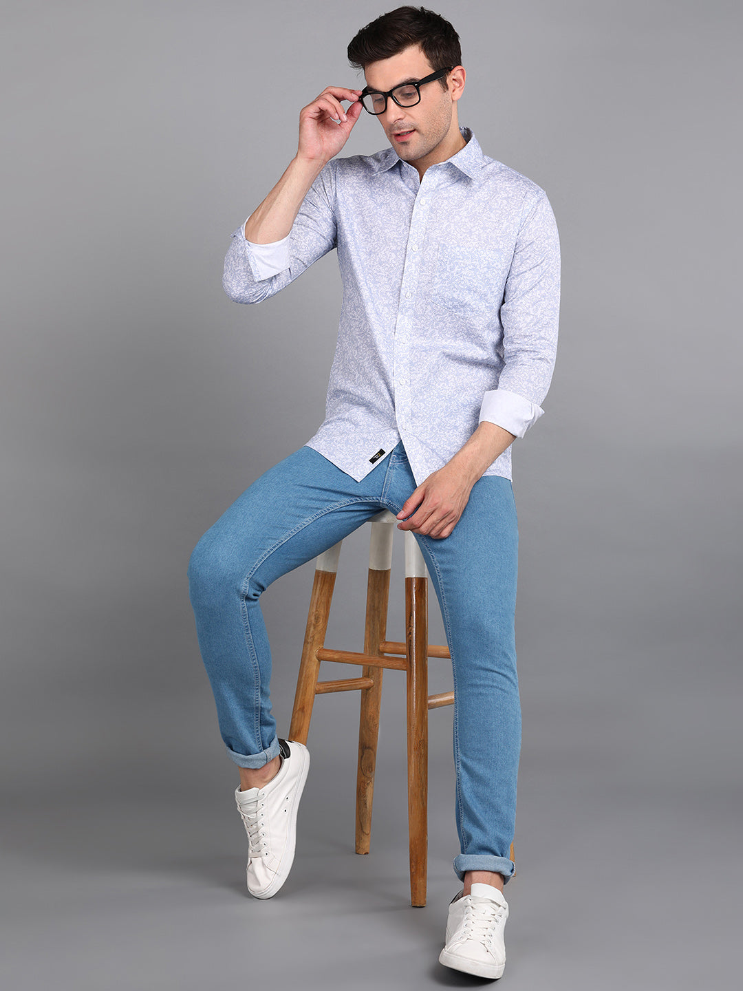 Blue Leaf & Floral Printed Slim Fit Shirt