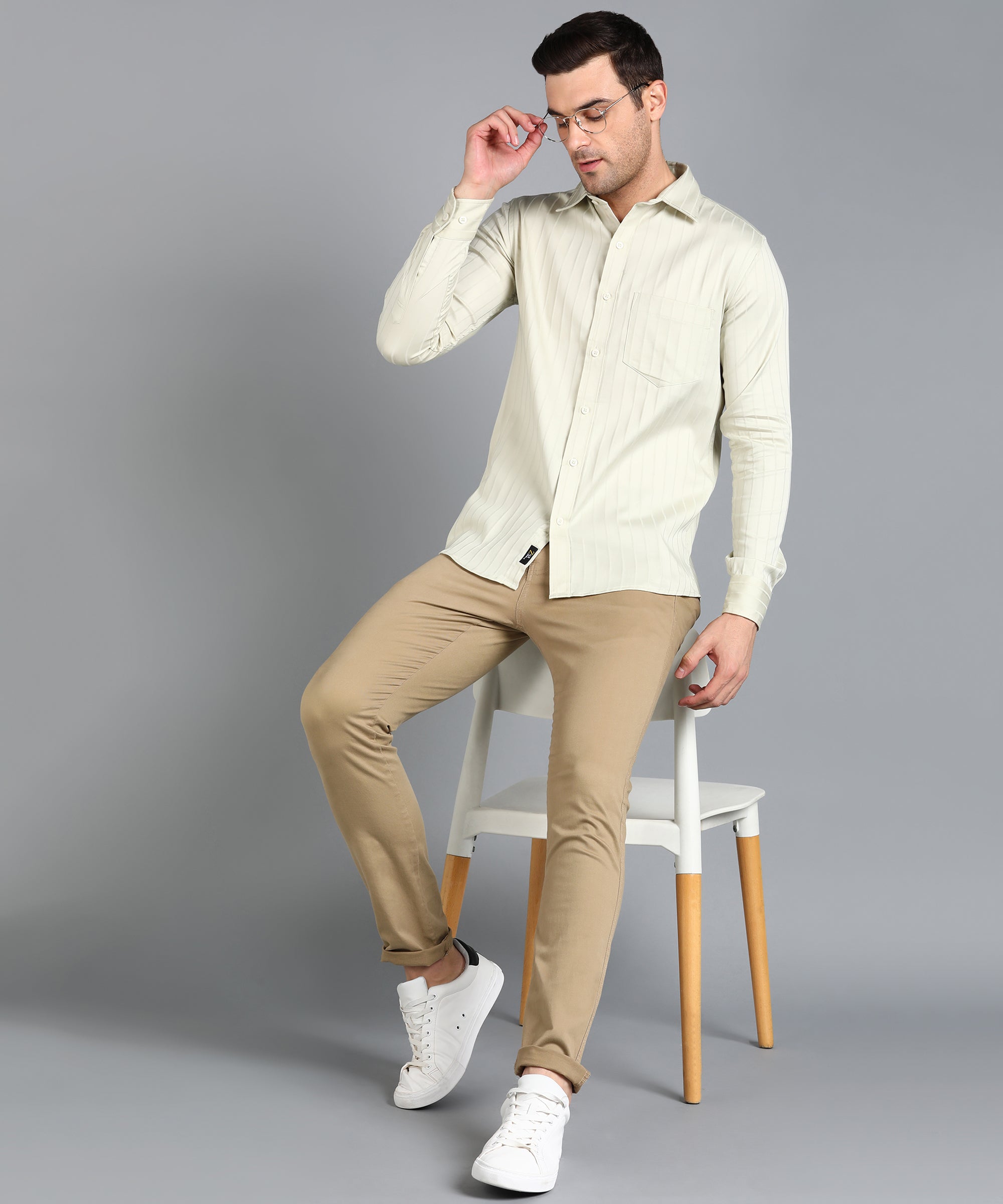 Self Striped Beige Slim Fit Shirt