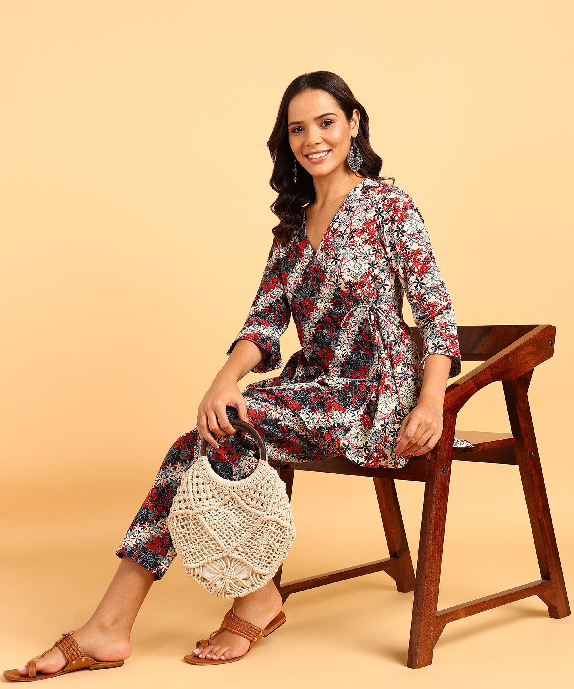 Dual Colored Floral Print Front Tie-Up Top & Pant Set