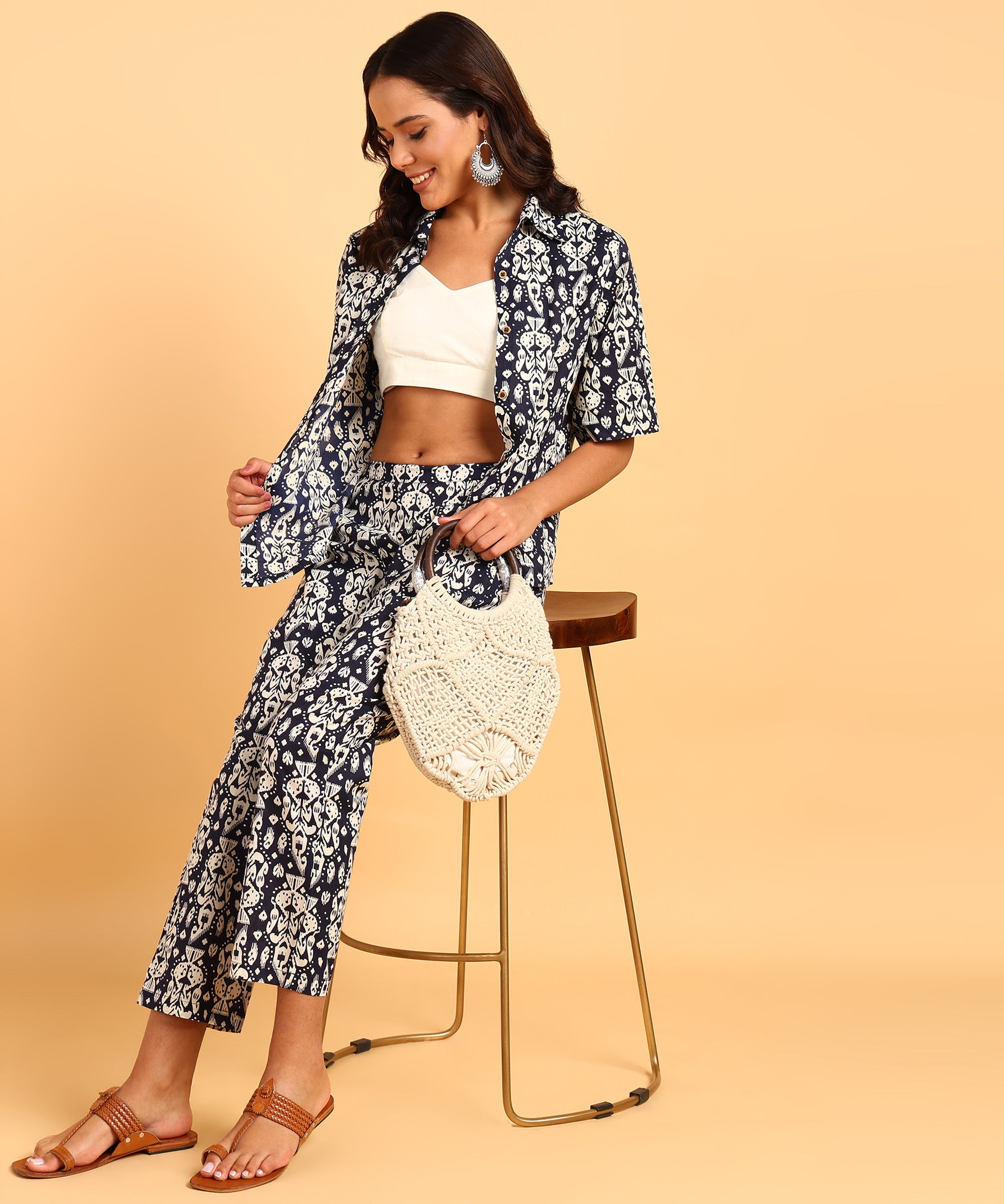 Navy Blue Printed Three Piece Set