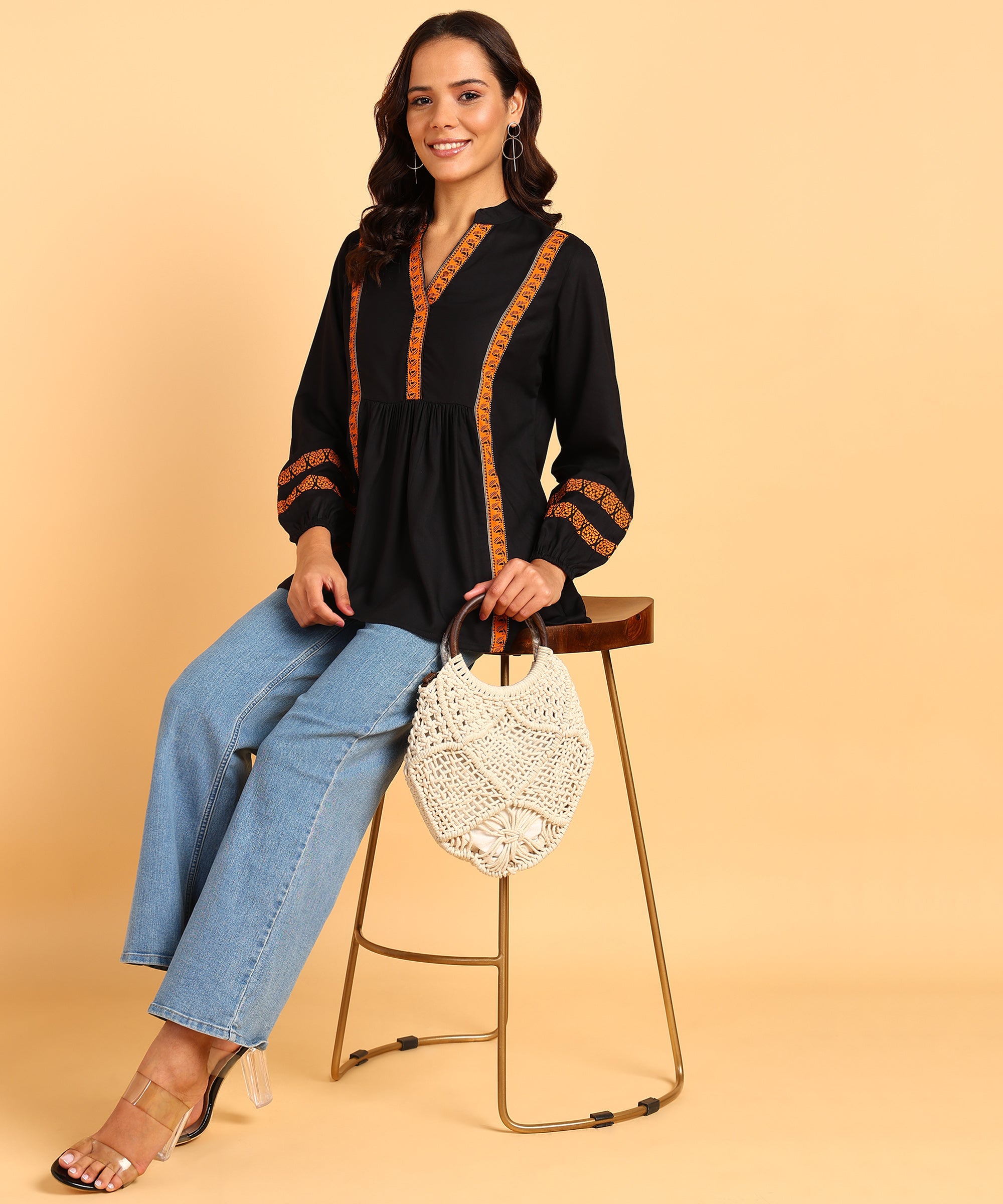 Black Short Kurti With Orange Border