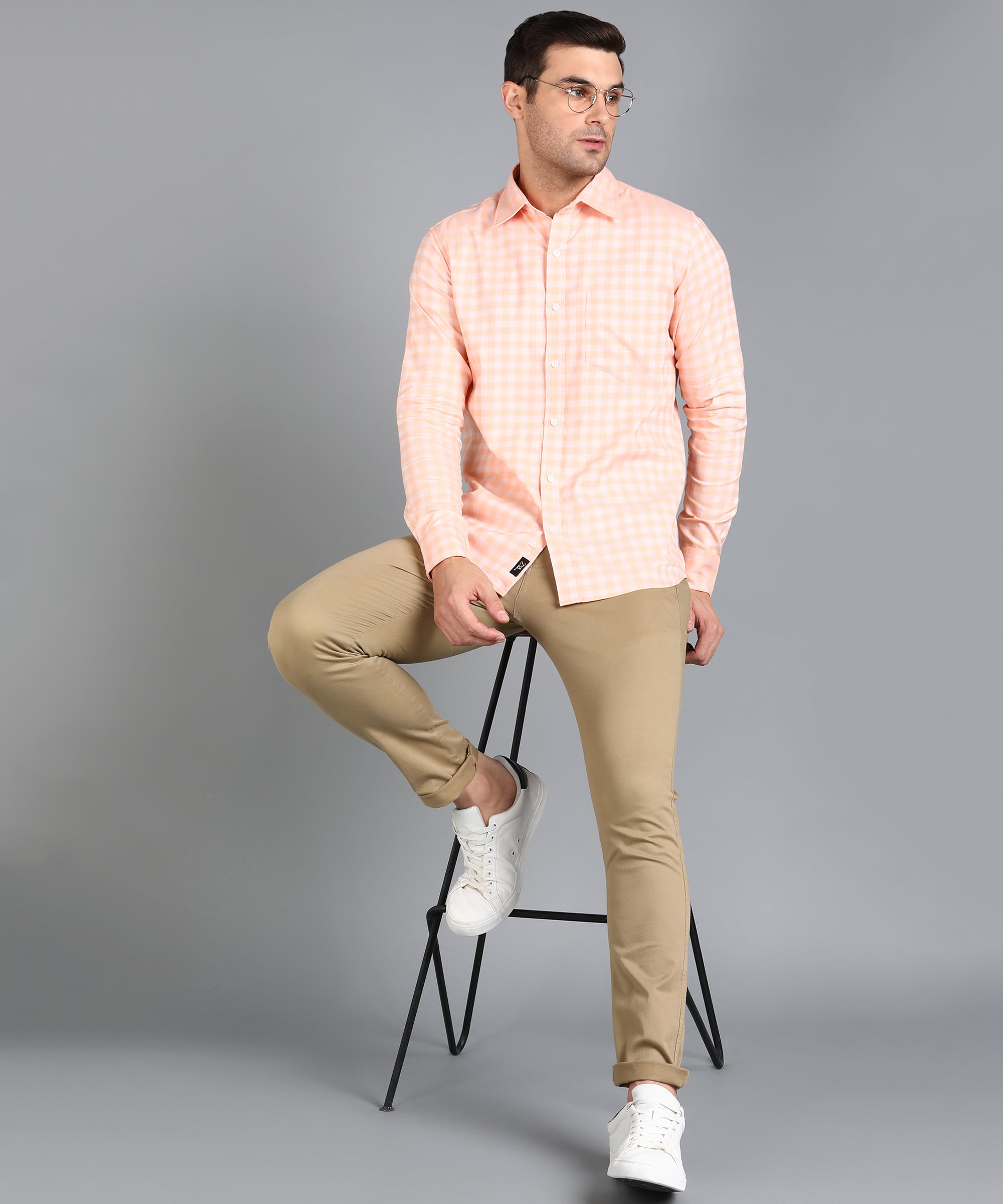 Peach Checked Slim Fit Shirt