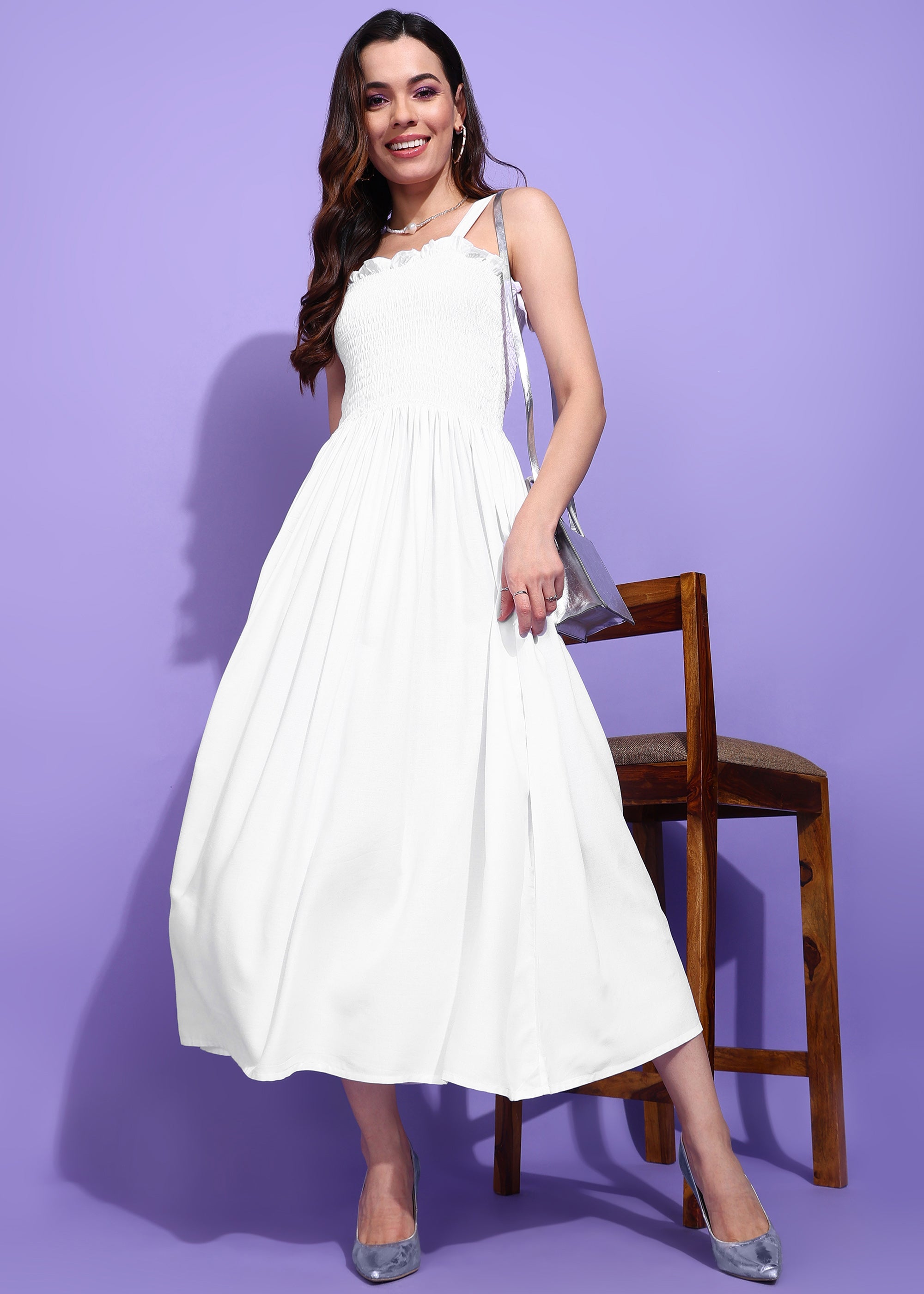 White Sleeveless Smocking Maxi Dress