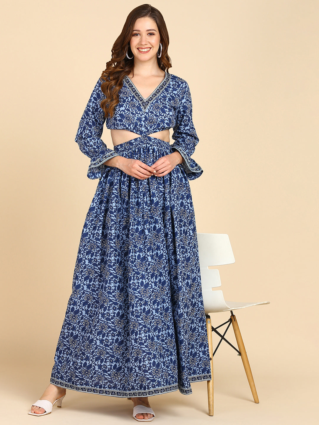 Indigo Blue Floral Waist Cut-Out Maxi DressDress