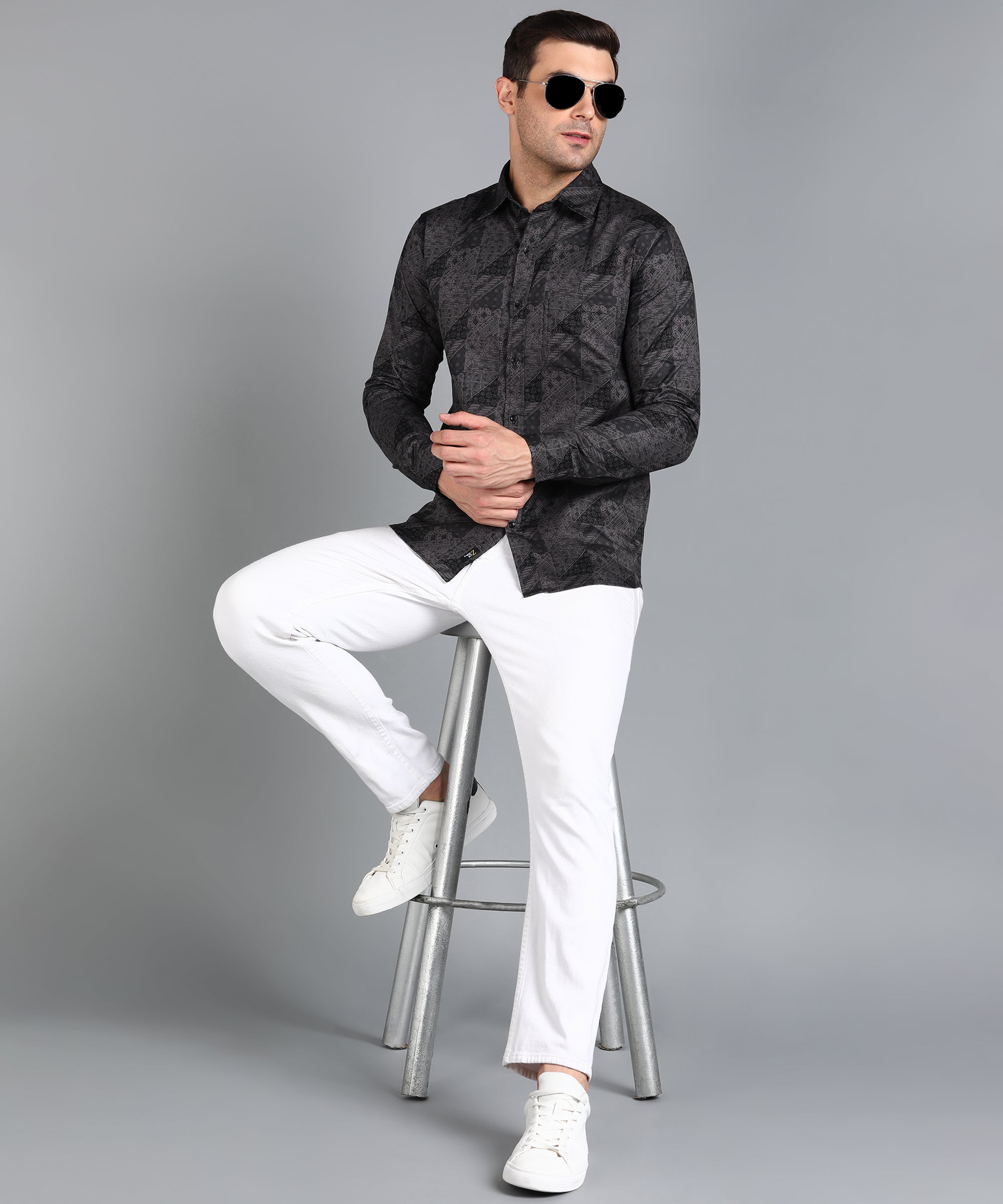 Black Geomatric Printed Grey Slim Fit Shirt