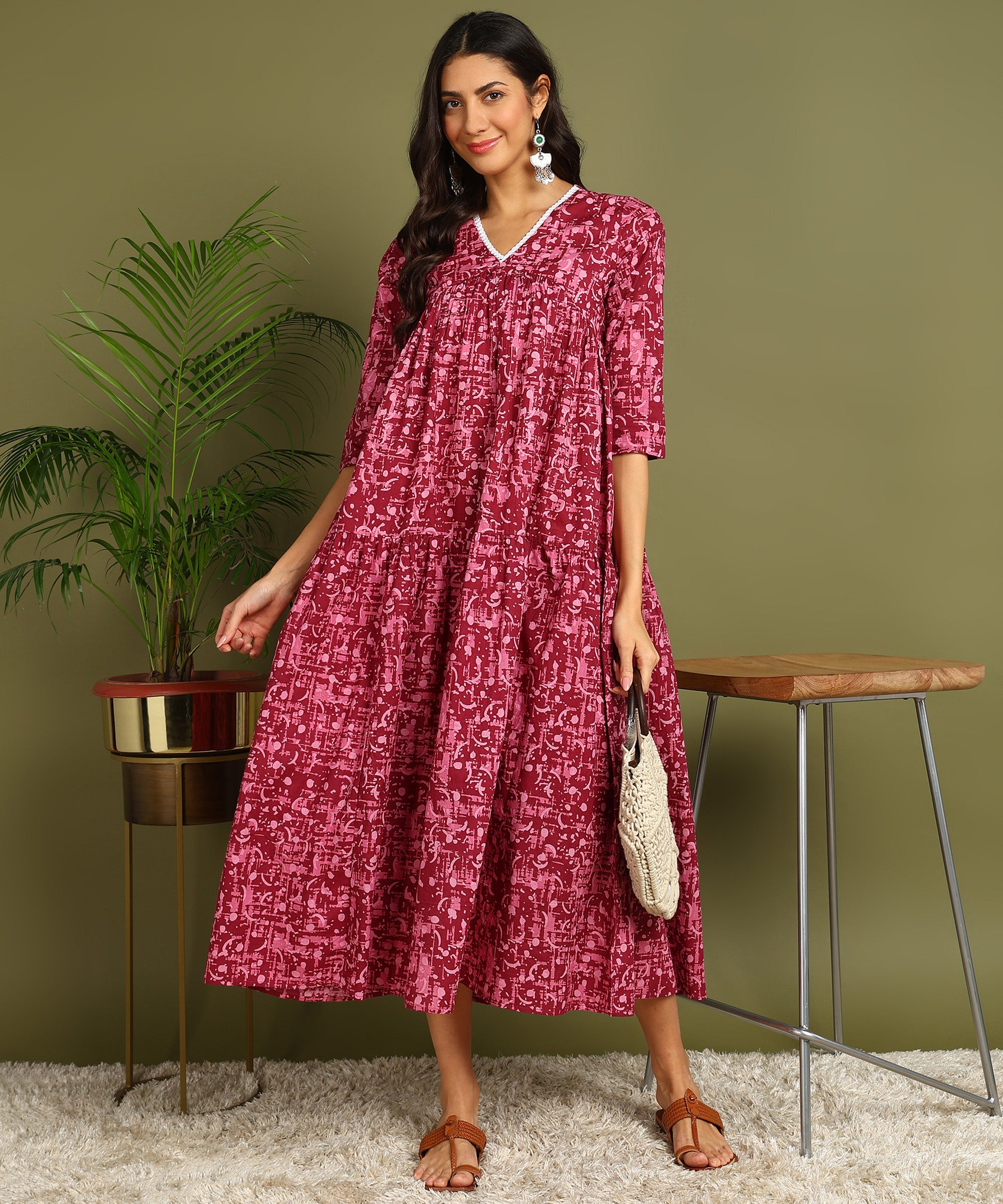Magenta & Pink Printed Maternity Wear Midi Dress