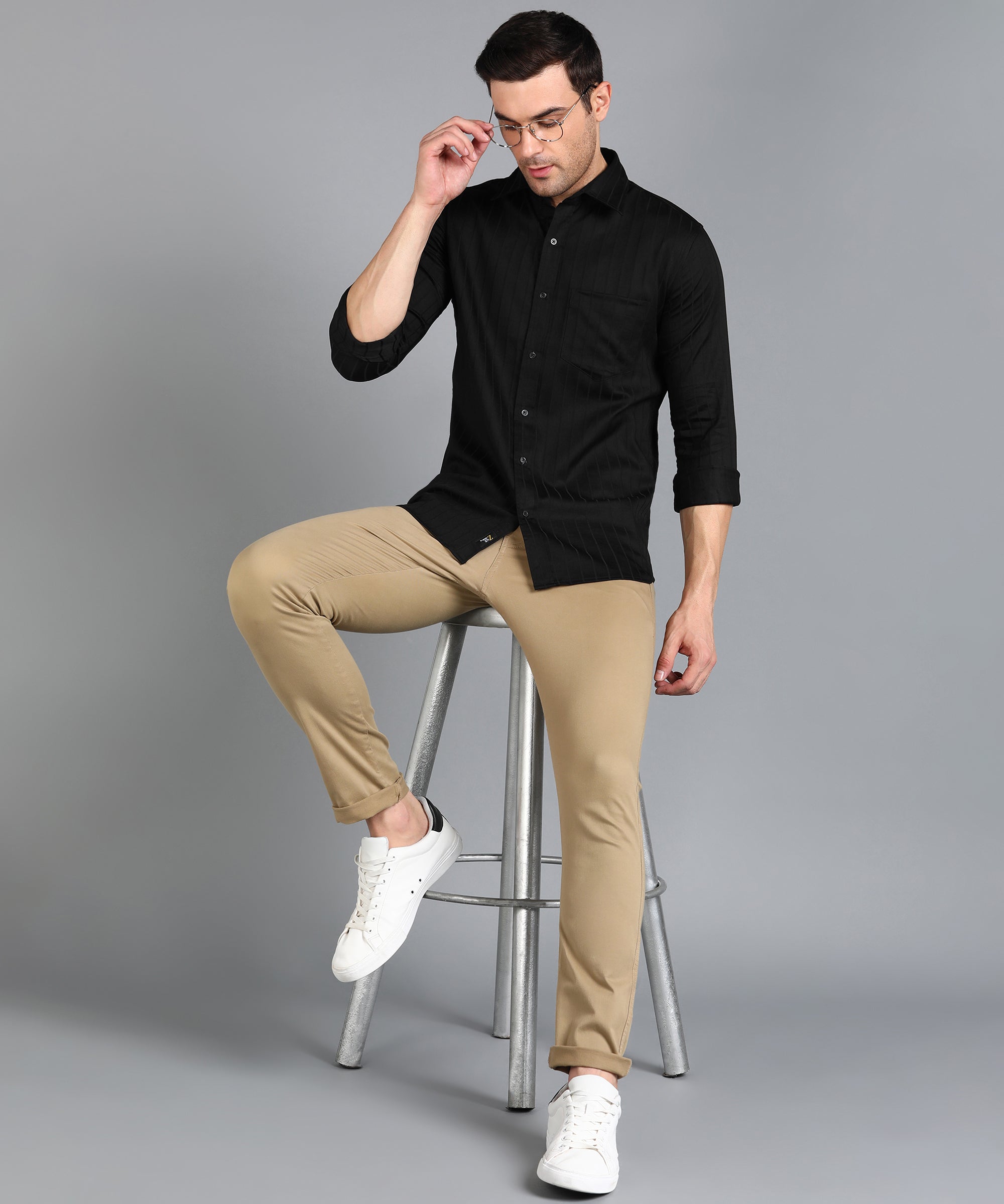Self Striped Black Slim Fit Shirt