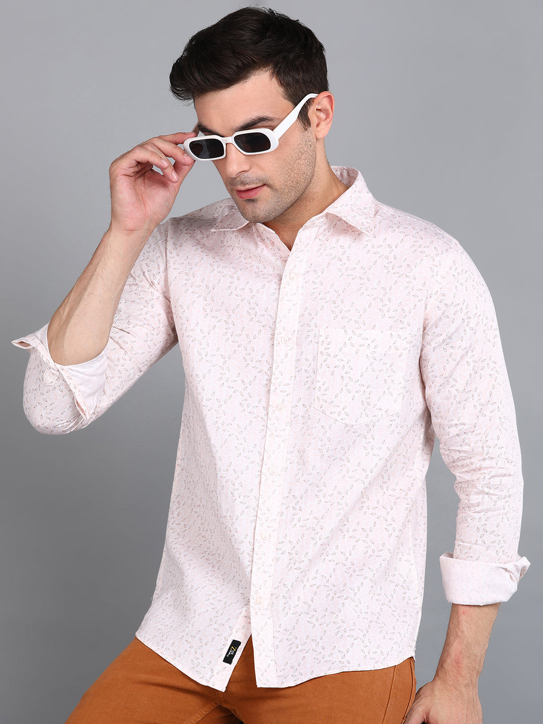 Beige Leaf Printed Slim Fit Shirt