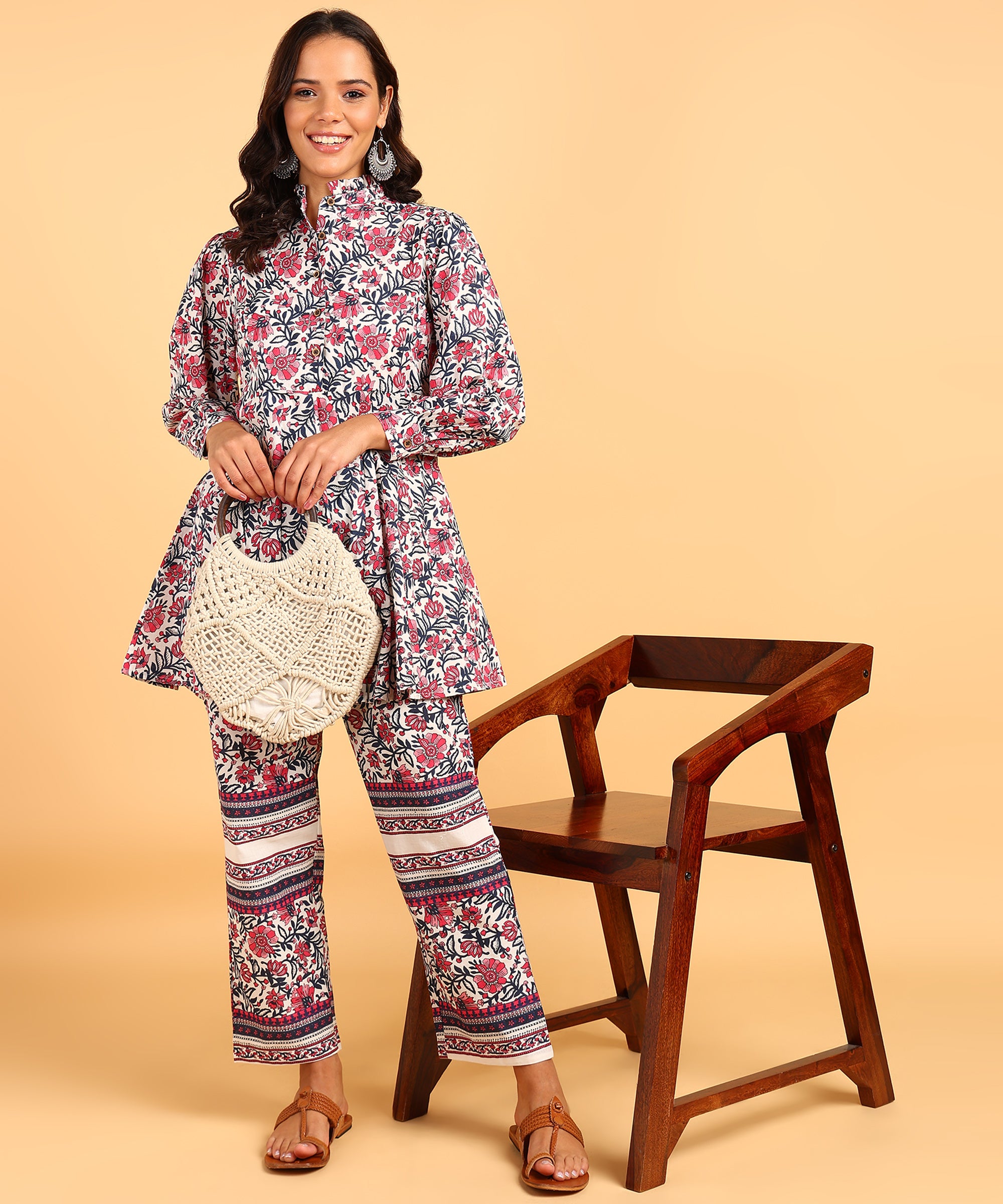 Cream Colored Floral Print Tunic & Pant Set