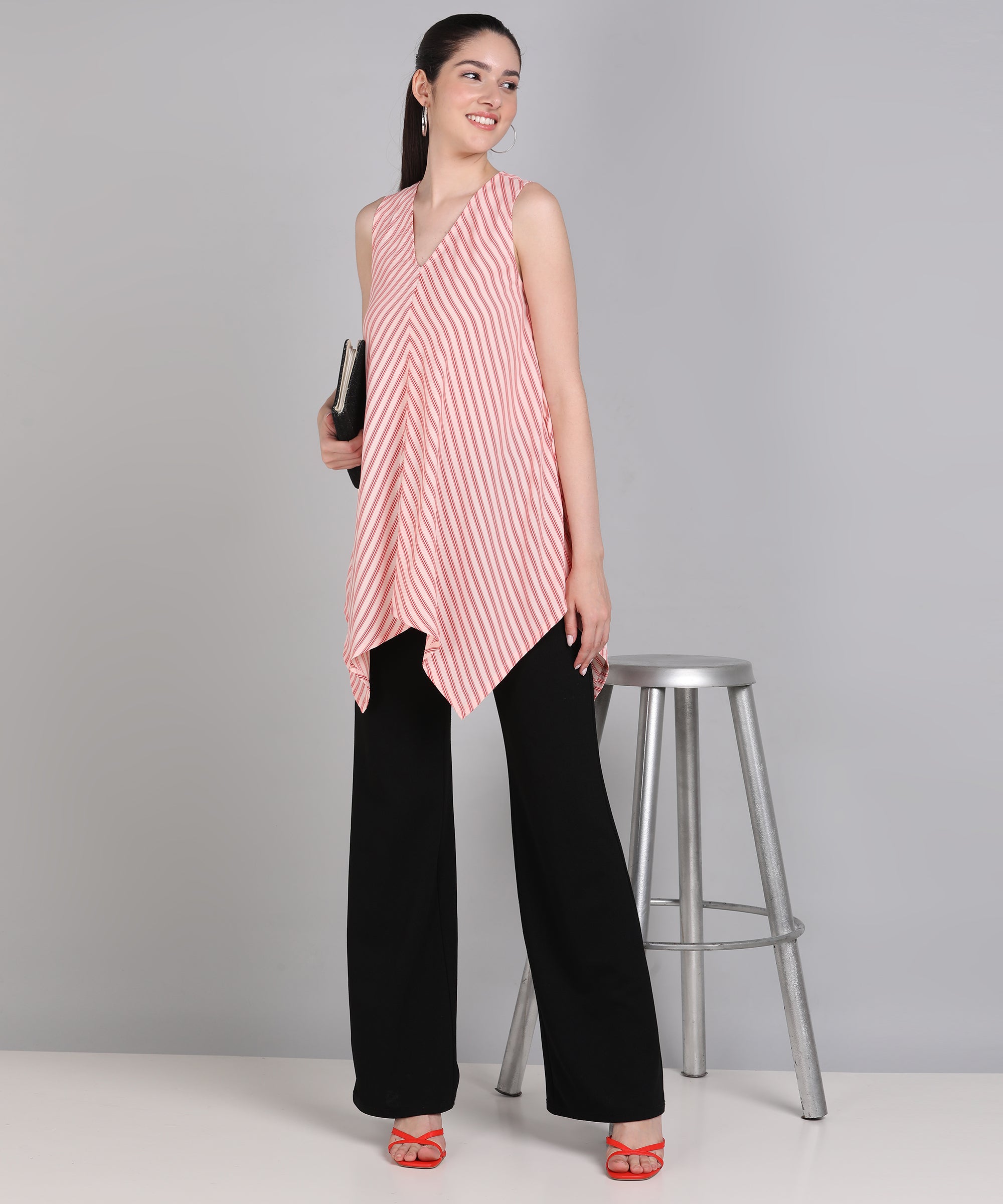 Red Striped High Low Kurti